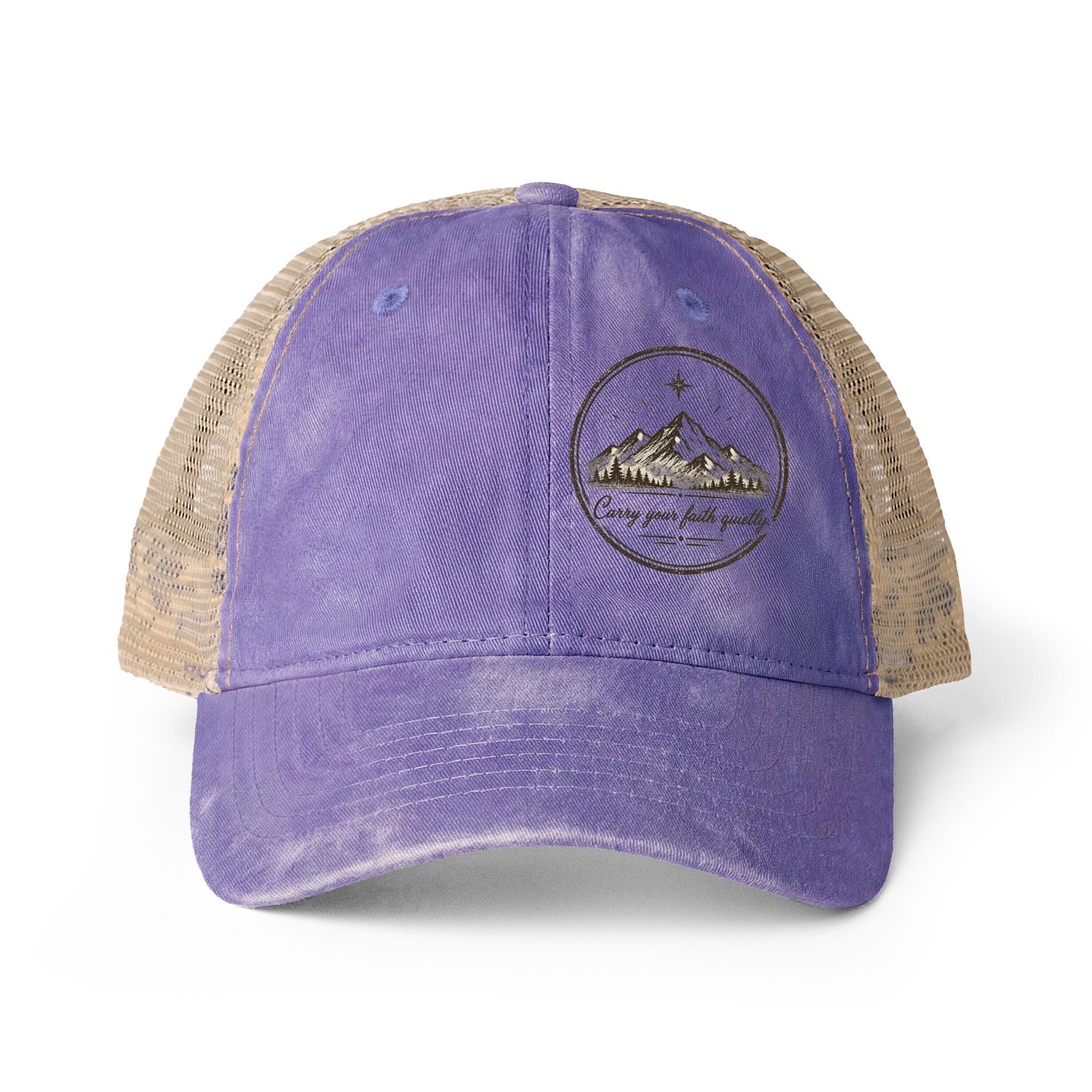 Women’s washed mesh-back Christian cap featuring the phrase “Carry Your Faith Quietly” with vintage styling and concealed ponytail opening.