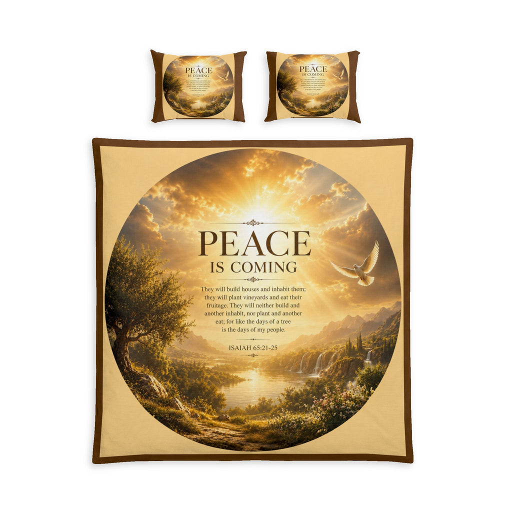 Christian cotton bedding set featuring a white dove flying over golden hills at sunrise with the words "Peace Is Coming" on a faith-inspired duvet cover and matching pillow sham.