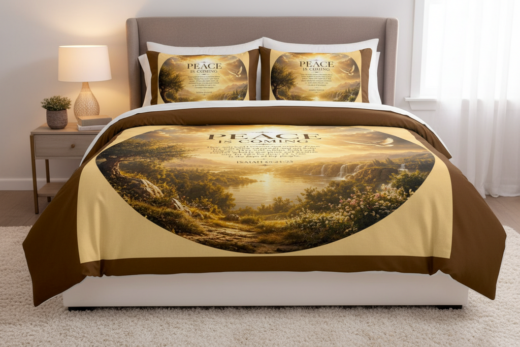 Christian cotton bedding set featuring a white dove flying over golden hills at sunrise with the words "Peace Is Coming" on a faith-inspired duvet cover and matching pillow sham.