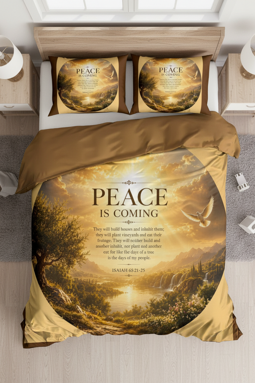 Christian cotton bedding set featuring a white dove flying over golden hills at sunrise with the words "Peace Is Coming" on a faith-inspired duvet cover and matching pillow sham.