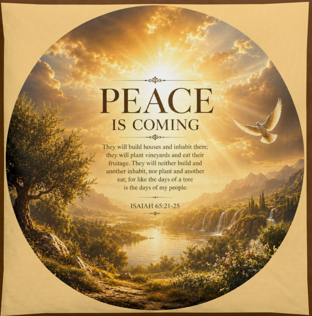 Christian cotton bedding set featuring a white dove flying over golden hills at sunrise with the words "Peace Is Coming" on a faith-inspired duvet cover and matching pillow sham.