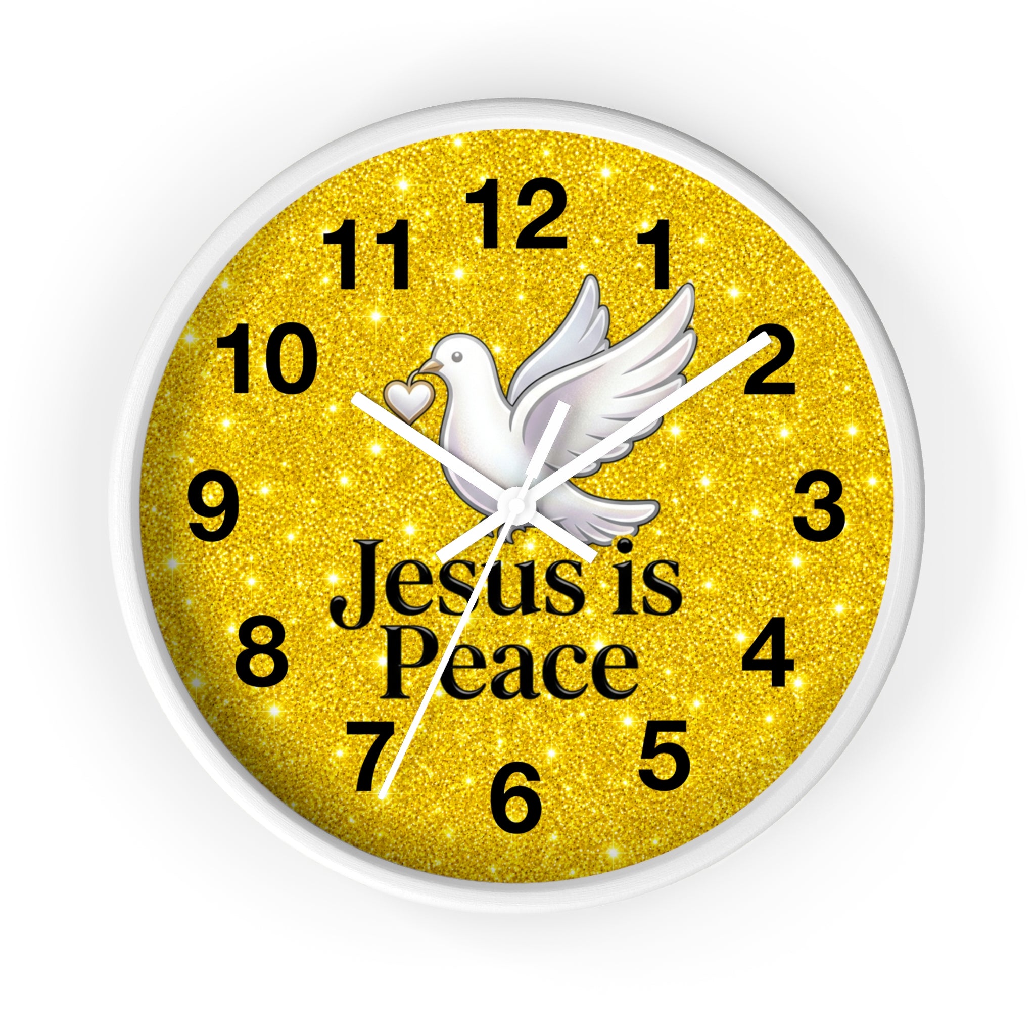 A round wall clock with a white frame and a glittery gold face featuring a white dove, black numerals, and the text 'Jesus is Peace'.
