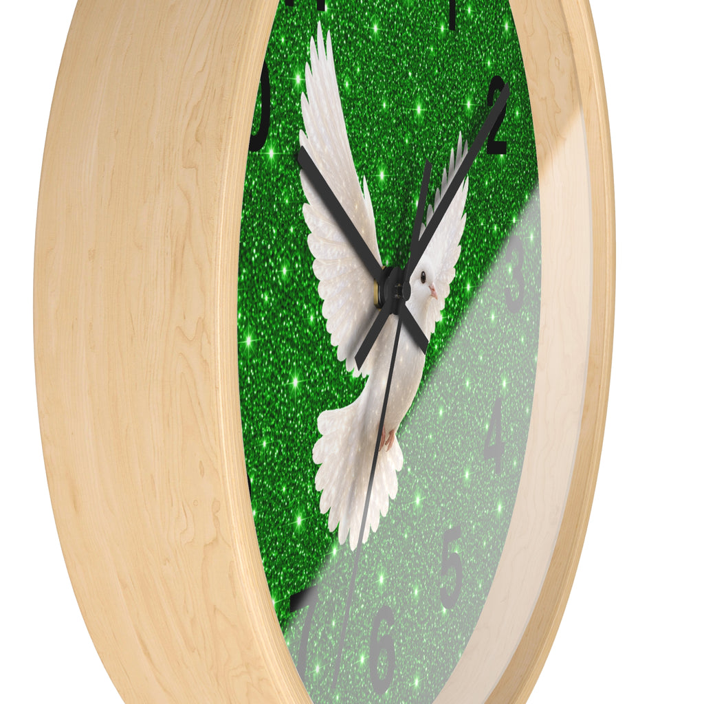 Peace Dove Wall Clock | Green Sparkle Christian Wall Decor | Silent White Dove Clock