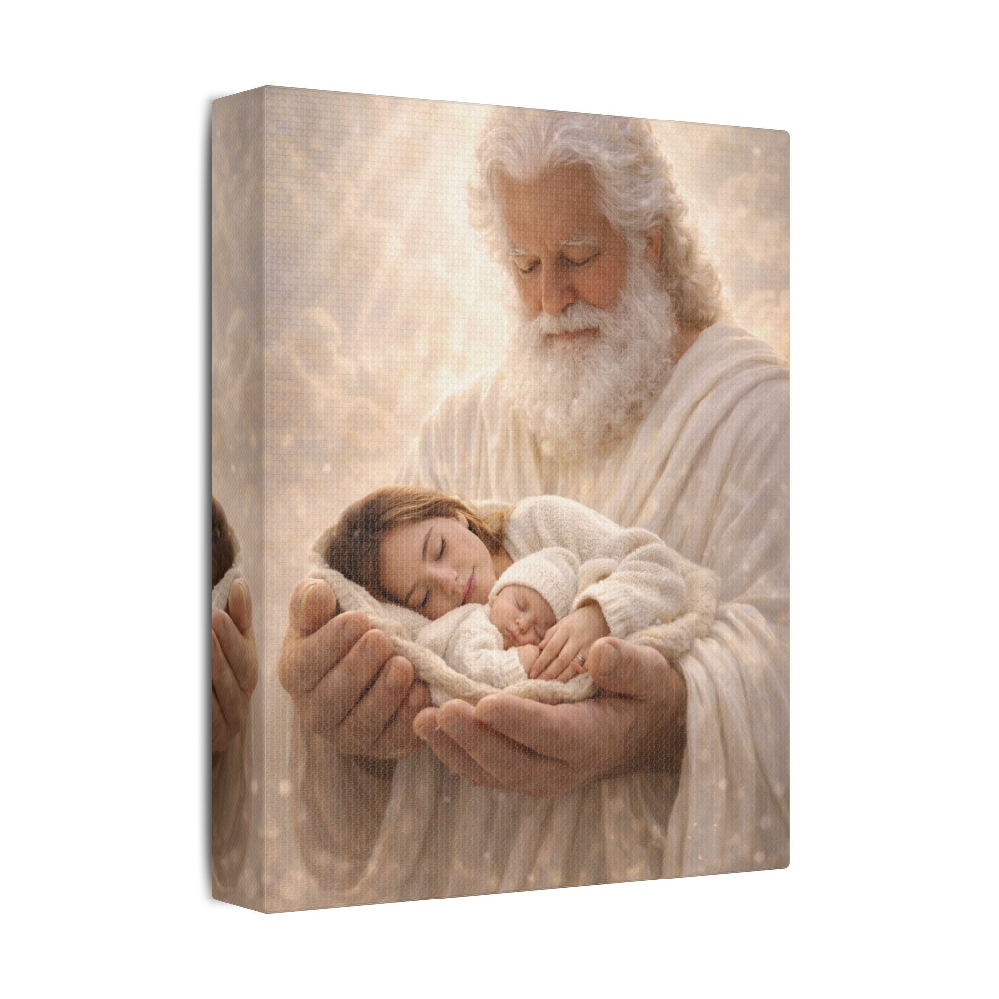 Safely in His Hands Canvas — 'Mom & Baby' Sleeping in God's Embrace Wall Art