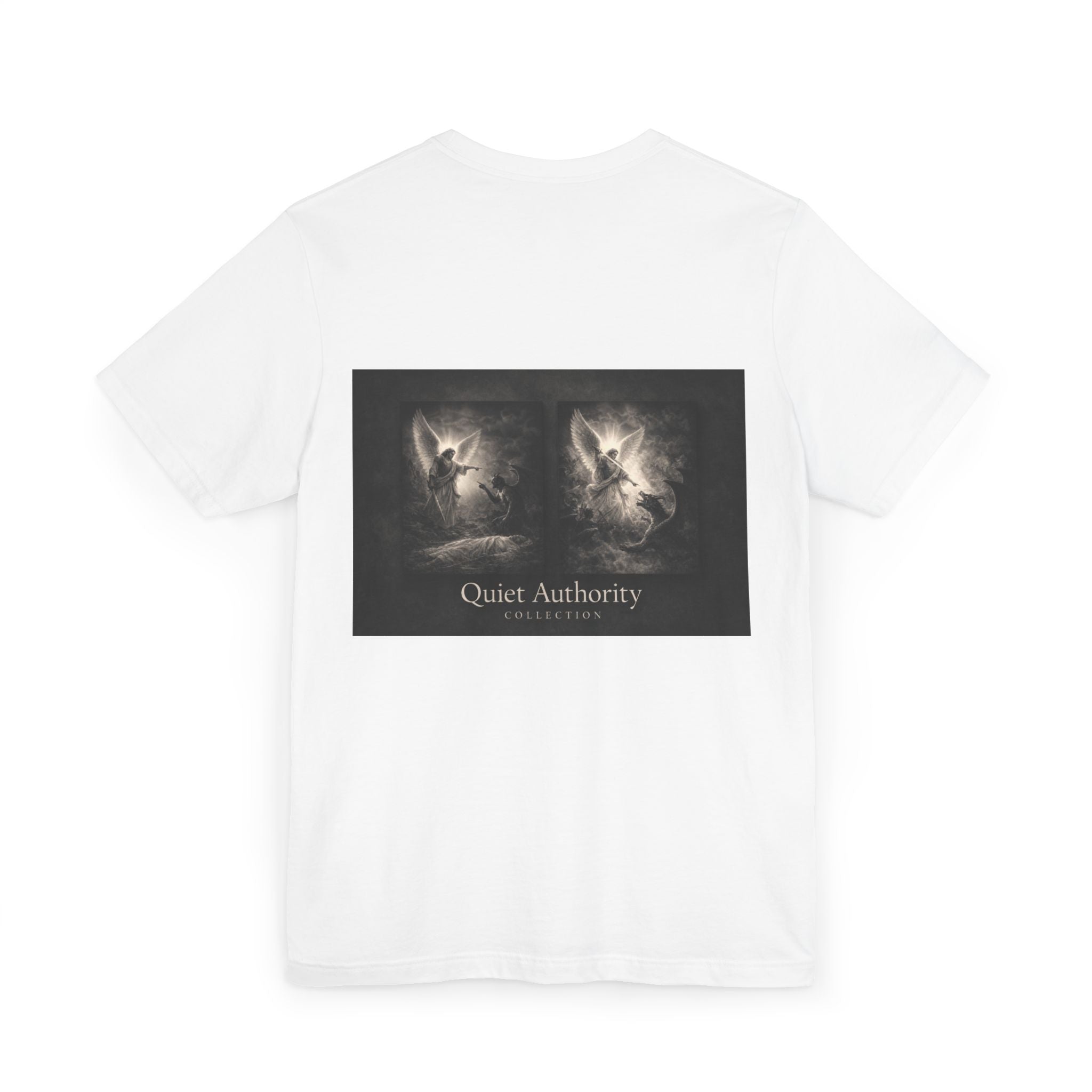 Michael Defeats Satan T-Shirt – Archangel Michael Christian Graphic Tee | Faith Spiritual Apparel