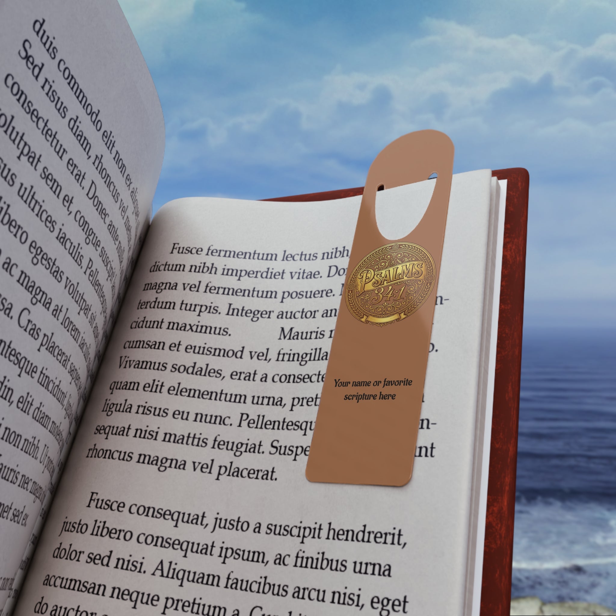 Personalized Christian aluminum bookmark featuring the word “Faith” and Psalm 34:1 in elegant gold-toned artwork with custom name option, brushed metal backing, and secure page-holding slot.
