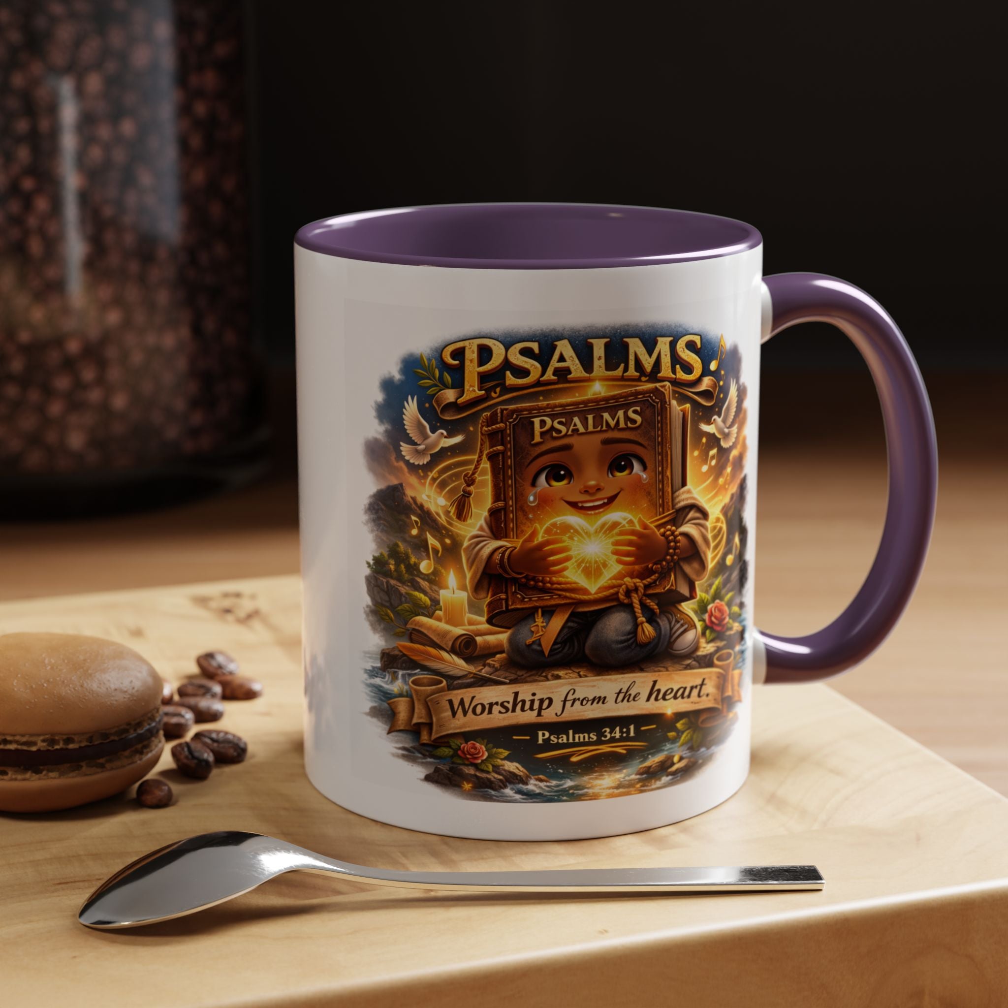 Inspirational Christian ceramic accent coffee mug featuring Psalm 34:1 and the message “Worship From the Heart” with colorful handle and interior accents on a glossy white mug.