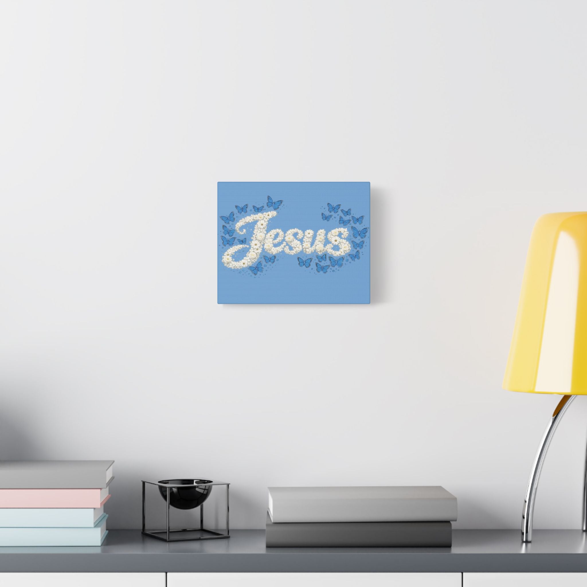 Jesus Floral Blue Butterfly Canvas Wall Art – Christian Satin Faith Print | Inspirational Home Decor