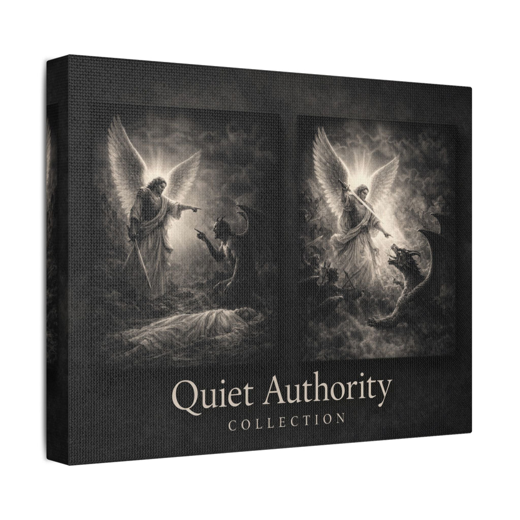 Quiet Authority Michael Canvas — Archangel Michael Christian Wall Art | Monochrome Angel Canvas