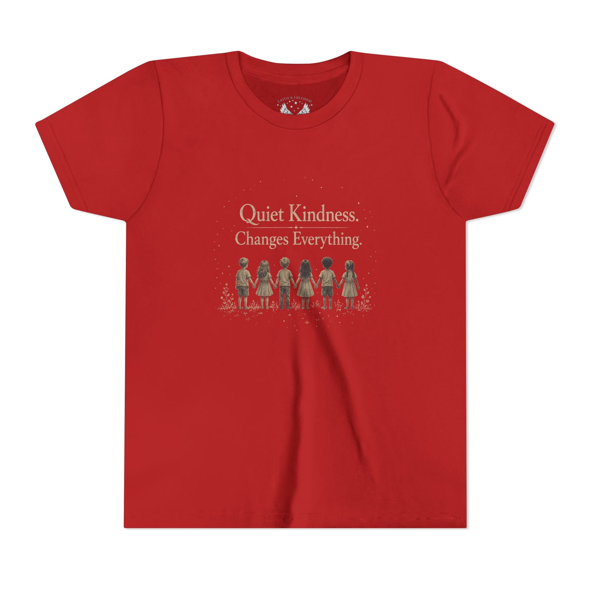 Youth “Quiet Kindness Changes Everything” Tee – Kids Inspirational T-Shirt with Earth & Friends Graphic