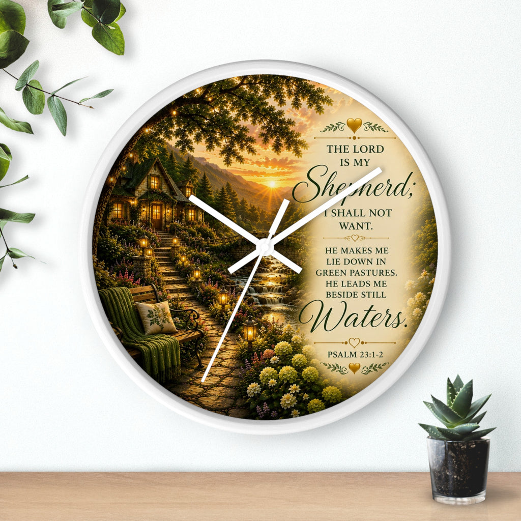 Inspirational Christian wall clock featuring a lantern-lit cottage pathway at sunset with Psalm 23 scripture about the Lord being my Shepherd.