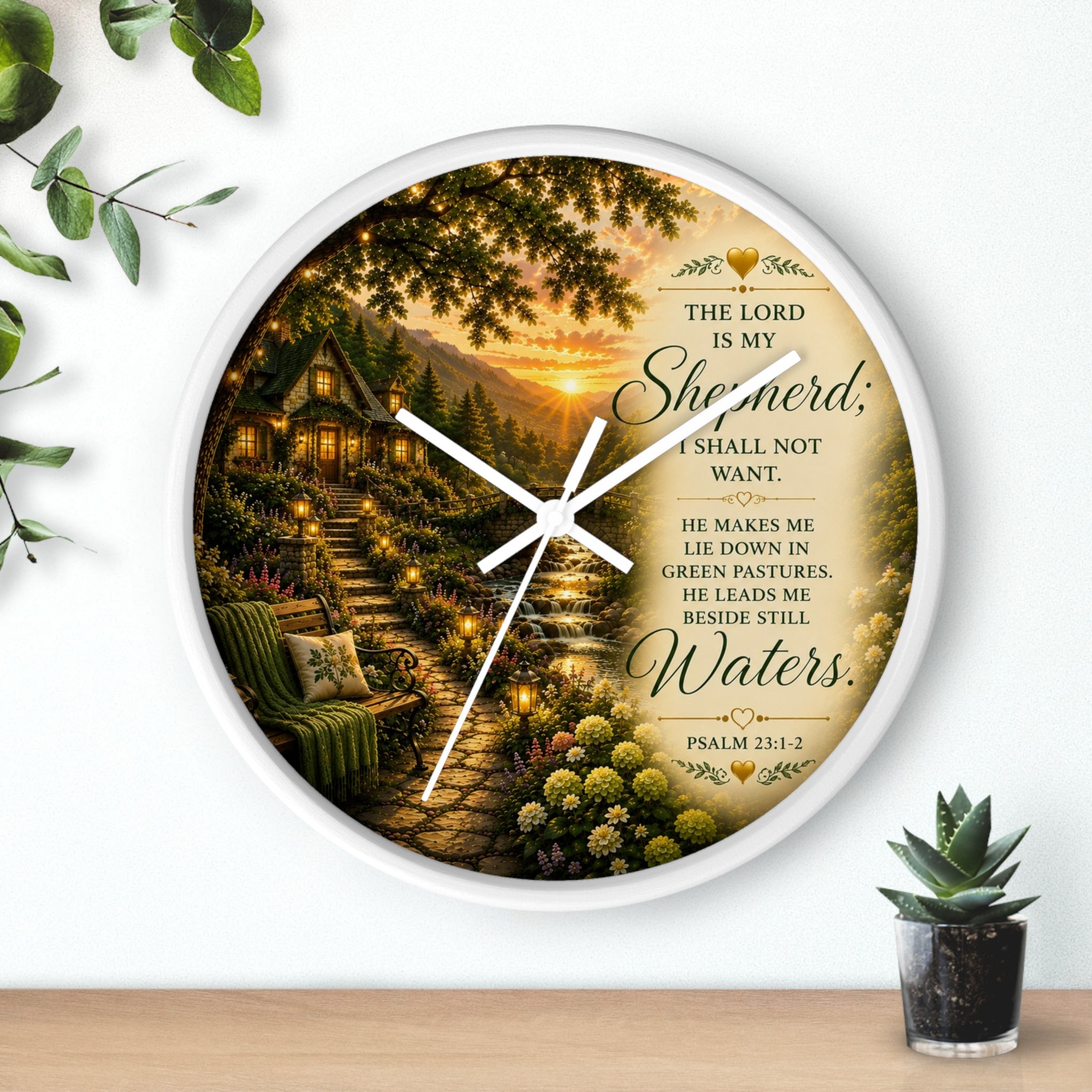 Inspirational Christian wall clock featuring a lantern-lit cottage pathway at sunset with Psalm 23 scripture about the Lord being my Shepherd.