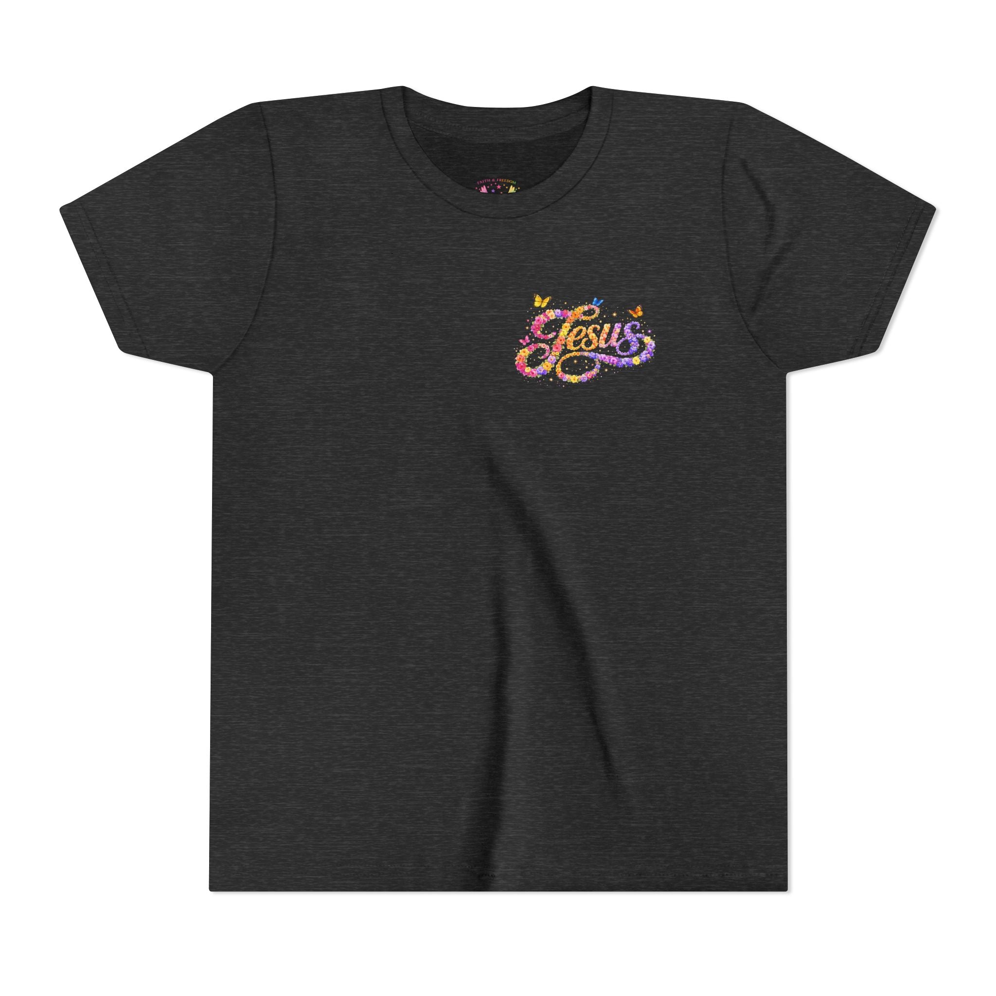 Youth Jesus Floral Script T-Shirt – Butterfly Christian Kids Tee | Faith Youth Shirt