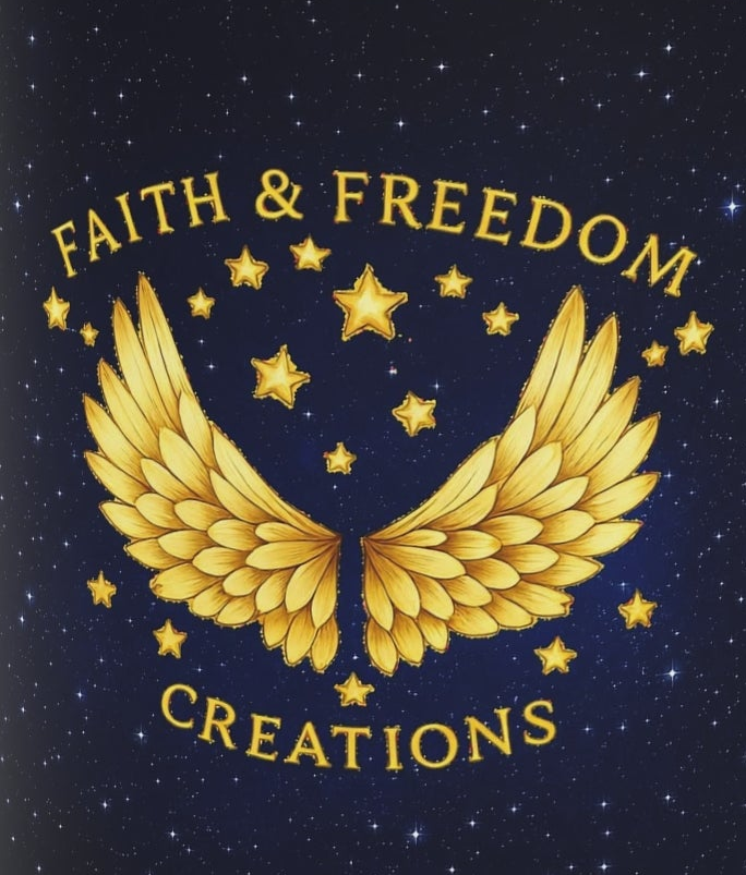 White ceramic heart-shaped coffee mug featuring the Faith & Freedom Creations gold wings logo on a starry background, designed for Christian inspiration, daily coffee, tea, and faith-filled living.
