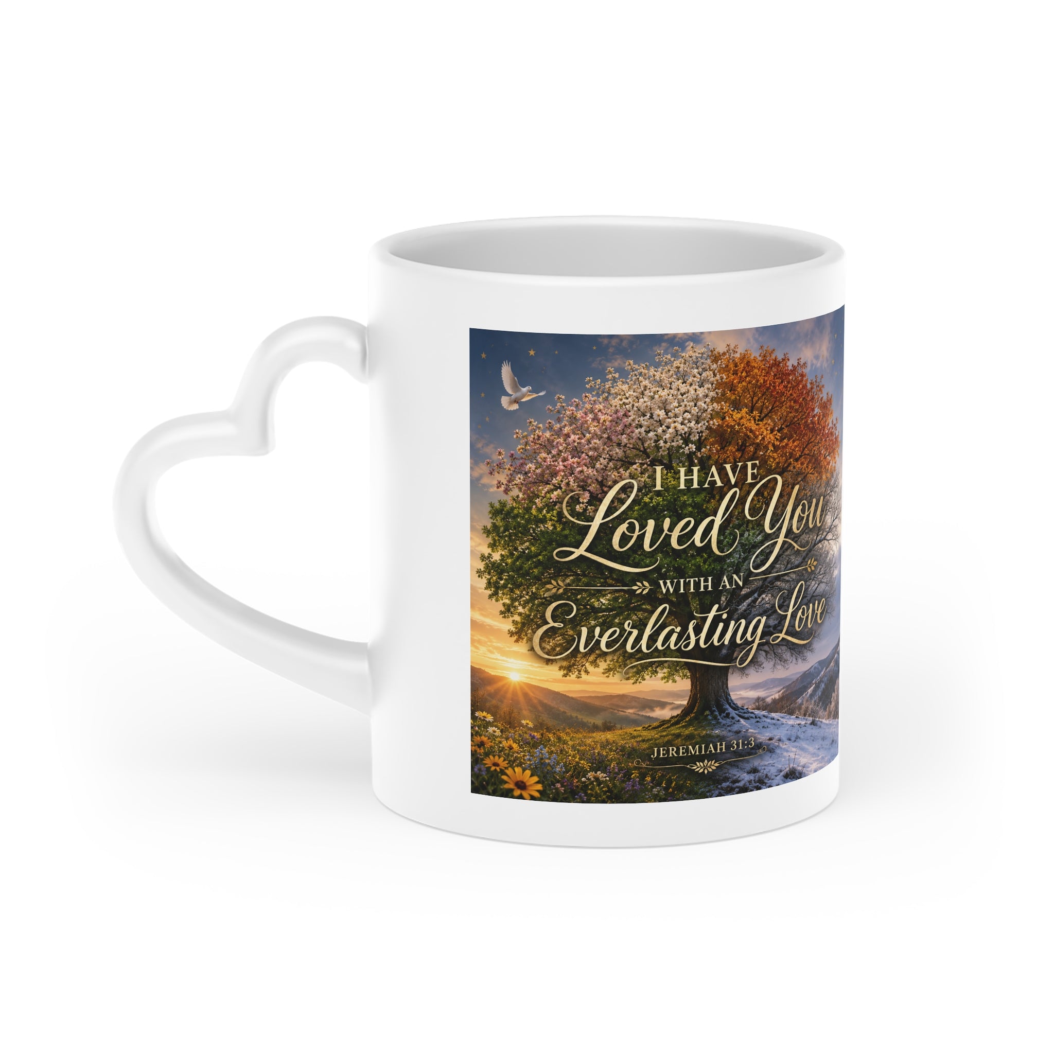 White ceramic heart-shaped handle mug featuring a panoramic four-season landscape with the Scripture "I Have Loved You with an Everlasting Love" from Jeremiah 31:3 in vibrant wraparound artwork.