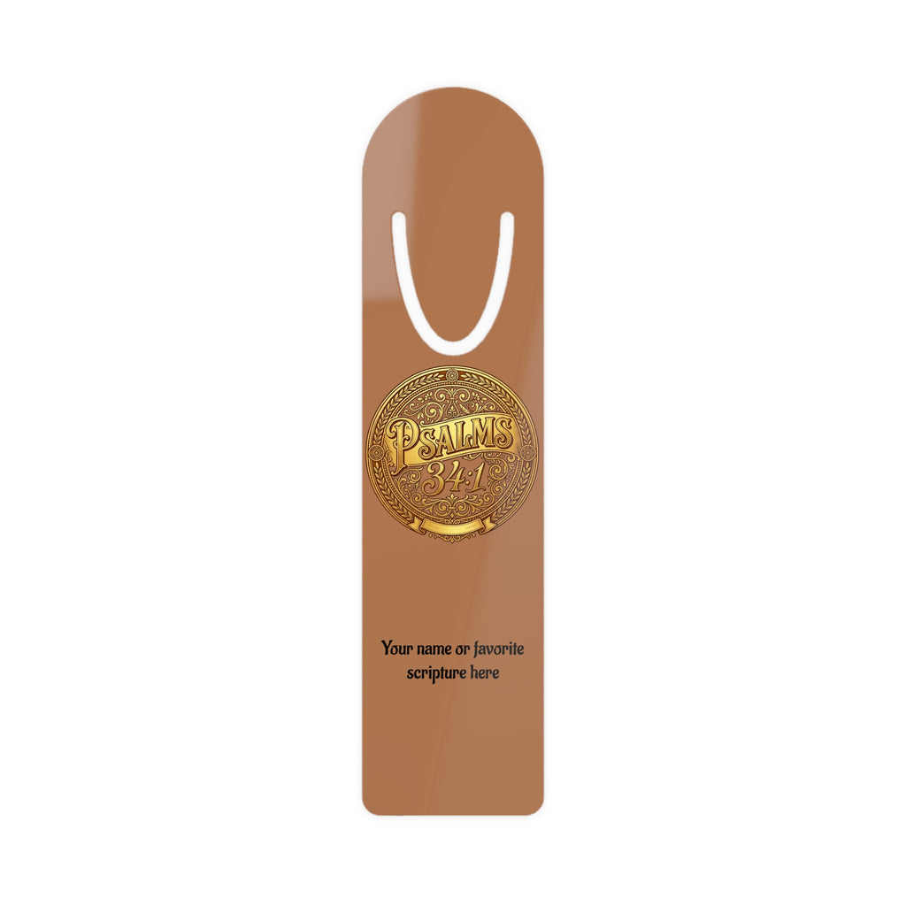 Personalized Christian aluminum bookmark featuring the word “Faith” and Psalm 34:1 in elegant gold-toned artwork with custom name option, brushed metal backing, and secure page-holding slot.