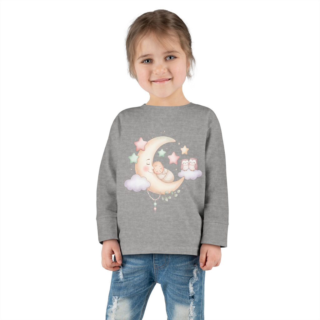 Baby Moon & Owl Toddler Long Sleeve Tee – Pastel Sleepy Moon Nursery Shirt | Cozy Toddler Pajama Style Tee