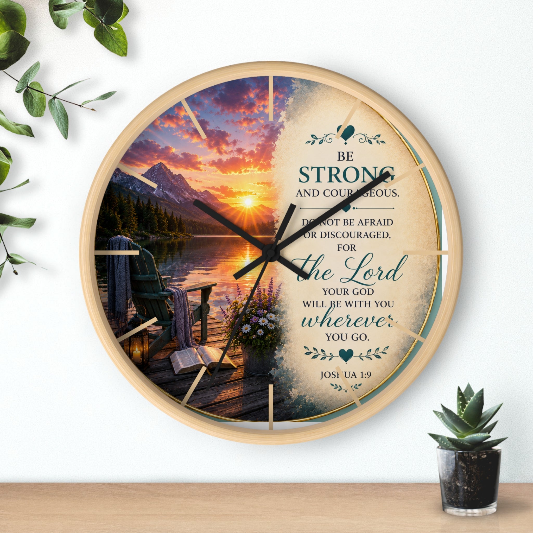 Inspirational Christian wall clock featuring a peaceful lakeside sunrise, mountain scenery, and Joshua 1:9 scripture encouraging strength and courage.