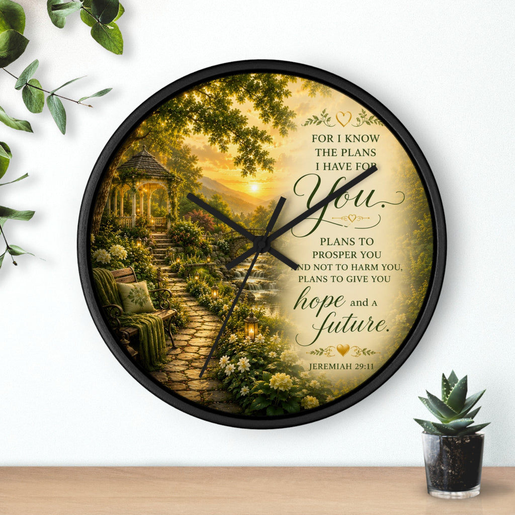 Inspirational Christian wall clock featuring a peaceful garden pathway, gazebo, and Jeremiah 29:11 scripture about hope and a future in warm sunset tones.