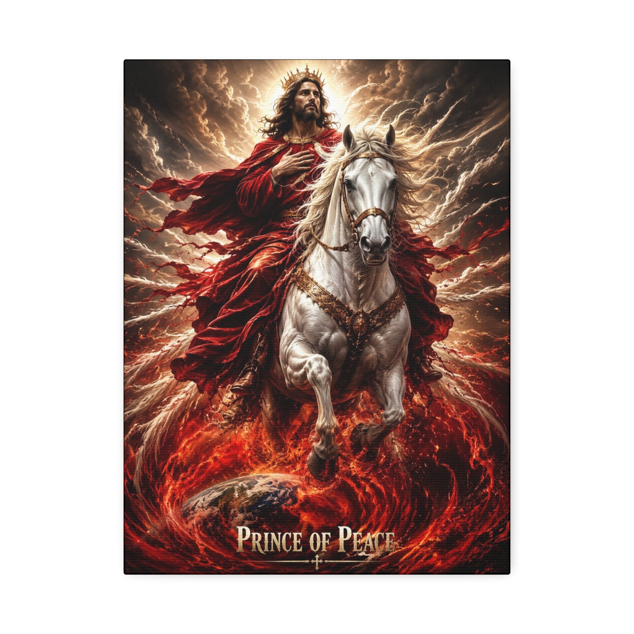 Christian canvas wall art featuring Jesus riding a white horse with peaceful radiant lighting and inspirational Prince of Peace imagery in gallery-style decor.