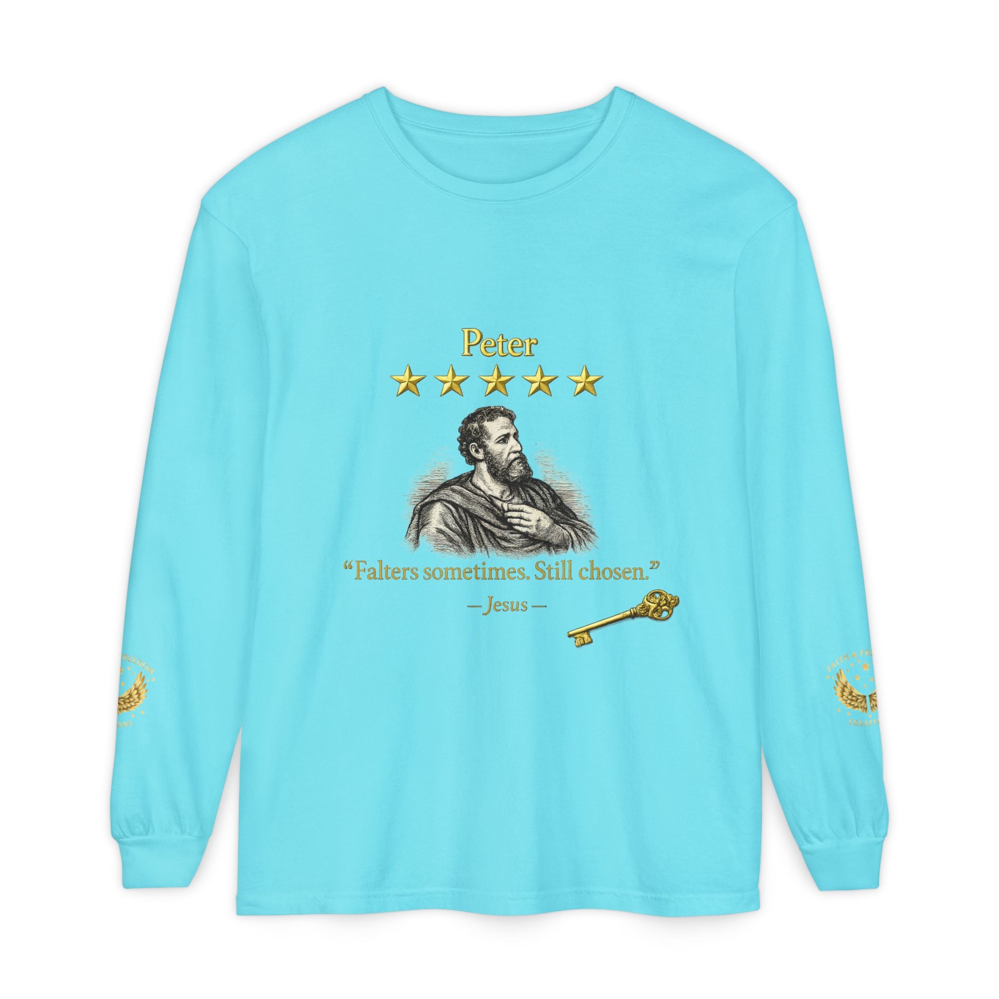 Peter Scripture Long Sleeve T-Shirt — "Falters sometimes. Still chosen." Review by Jesus