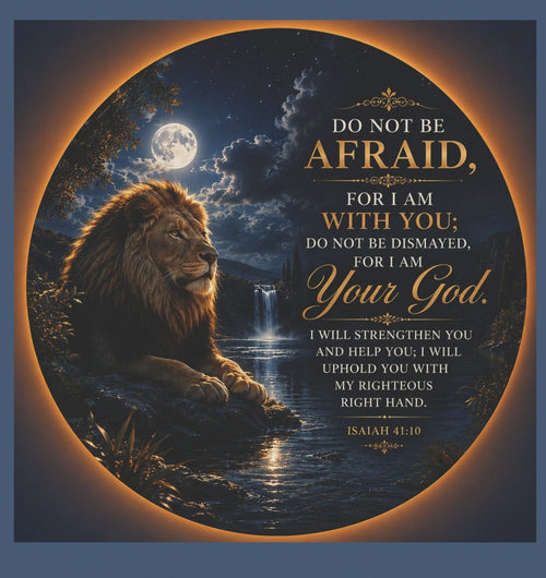 Inspirational Christian garden flag featuring a resting lion beside a reflective pool under moonlight with the phrase “Do Not Be Afraid” in elegant lettering.