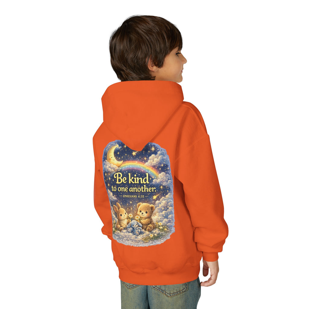 Youth “Be Kind to One Another” Hoodie – Cute Bunny Night Sky Scripture Sweatshirt