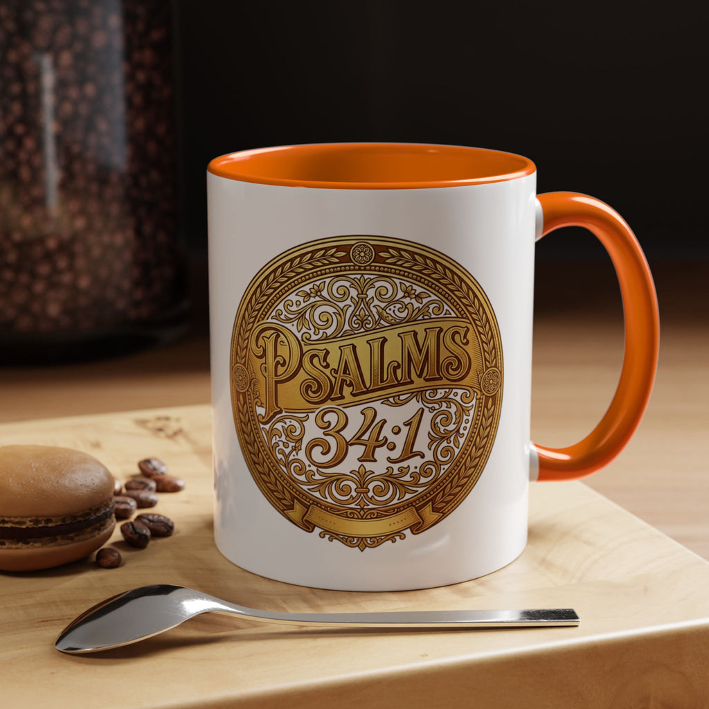 Inspirational Christian ceramic accent coffee mug featuring Psalm 34:1 in an ornate gold medallion design with colorful handle and interior accents.