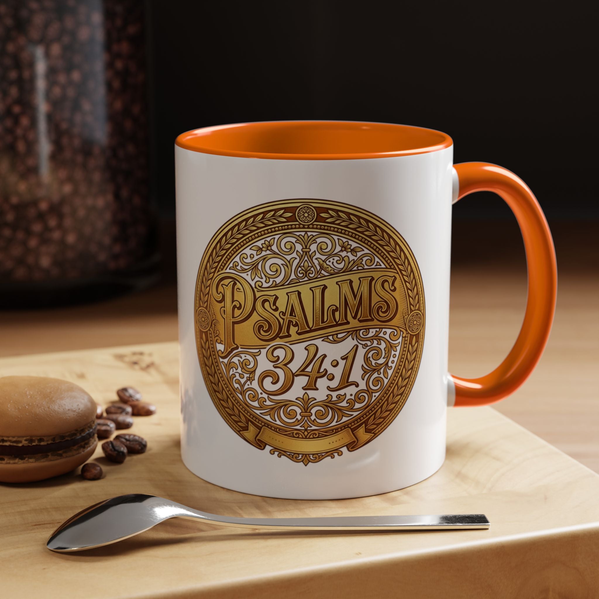 Inspirational Christian ceramic accent coffee mug featuring Psalm 34:1 in an ornate gold medallion design with colorful handle and interior accents.