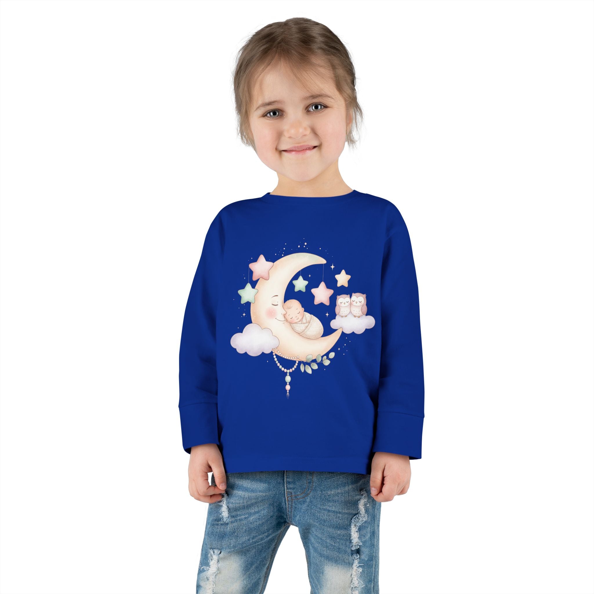 Baby Moon & Owl Toddler Long Sleeve Tee – Pastel Sleepy Moon Nursery Shirt | Cozy Toddler Pajama Style Tee