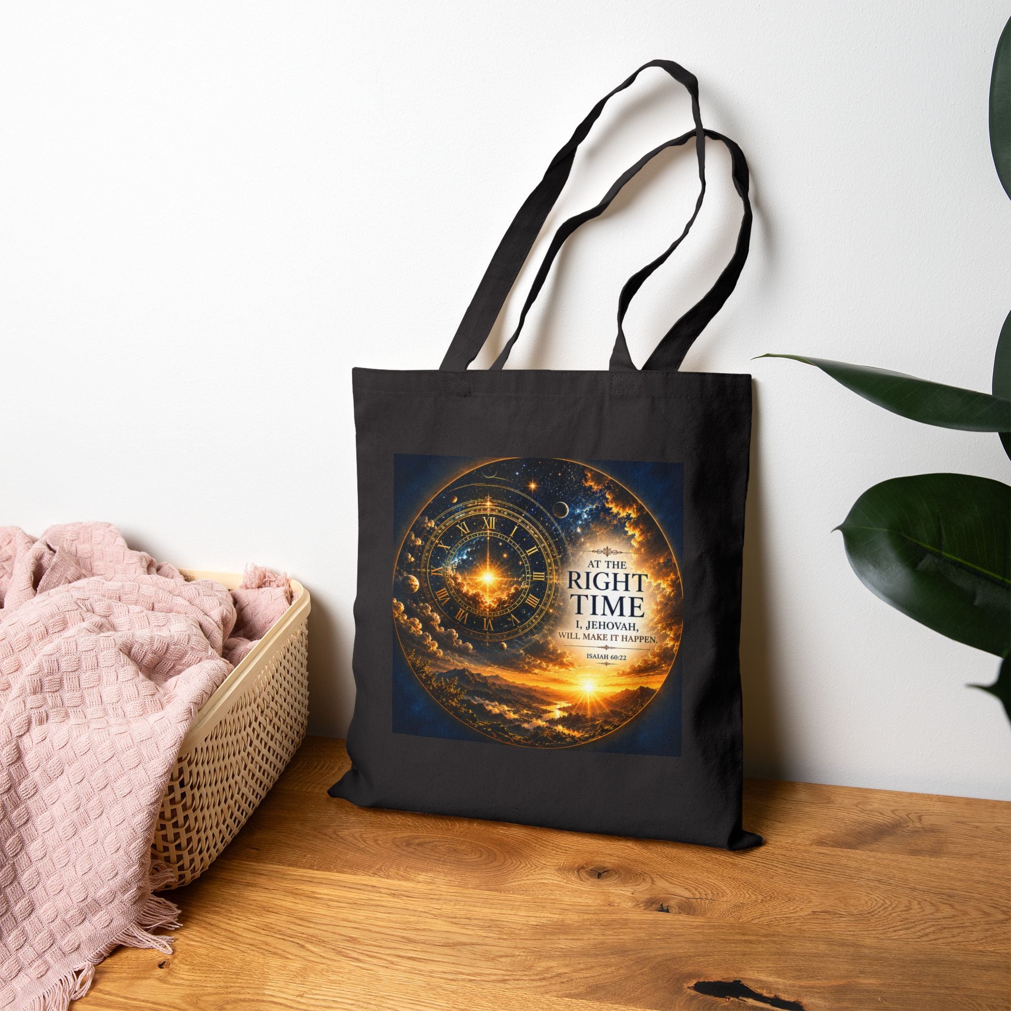 Cotton canvas tote bag featuring Isaiah 60:22, “At the right time, I, Jehovah, will make it happen,” with celestial clock artwork, stars, sunrise, mountains, and golden heavenly imagery.