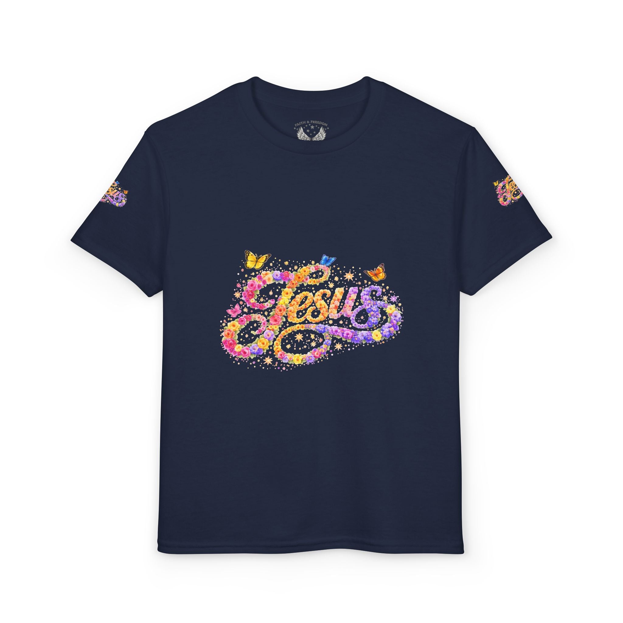 Youth Jesus Floral Butterfly T-Shirt – Christian Kids Faith Tee | Gratitude Sneaker Style Shirt