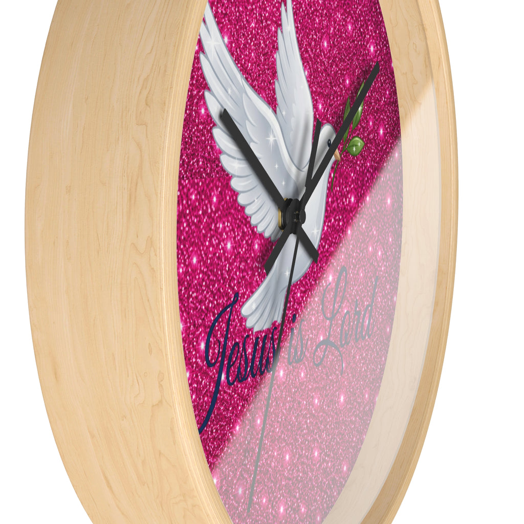 Jesus Is Lord Wall Clock | Pink Glitter Dove Christian Wall Decor | Silent Faith Clock