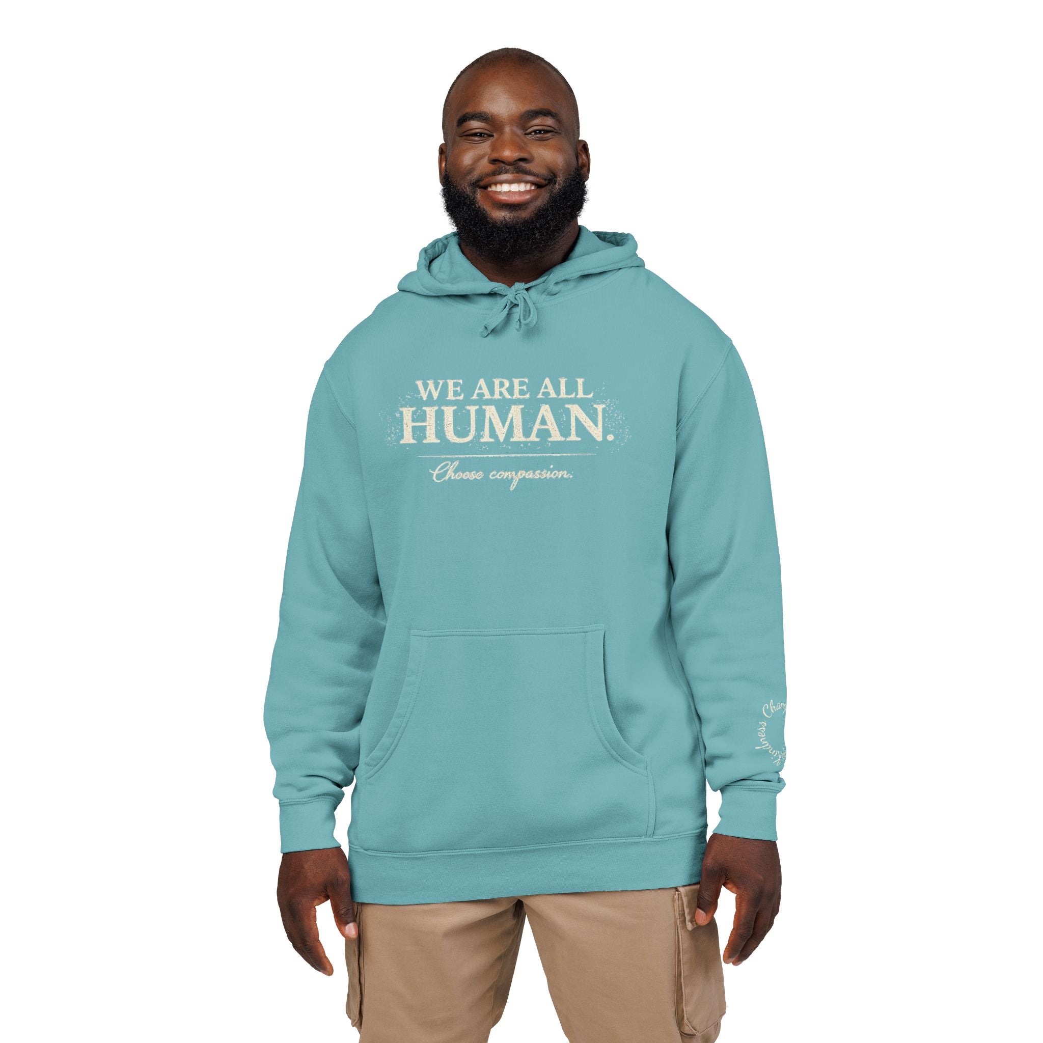 “We Are All Human” Pigment-Dyed Hoodie – Inclusive Comfort Pullover | Inspirational Minimalist Hoodie