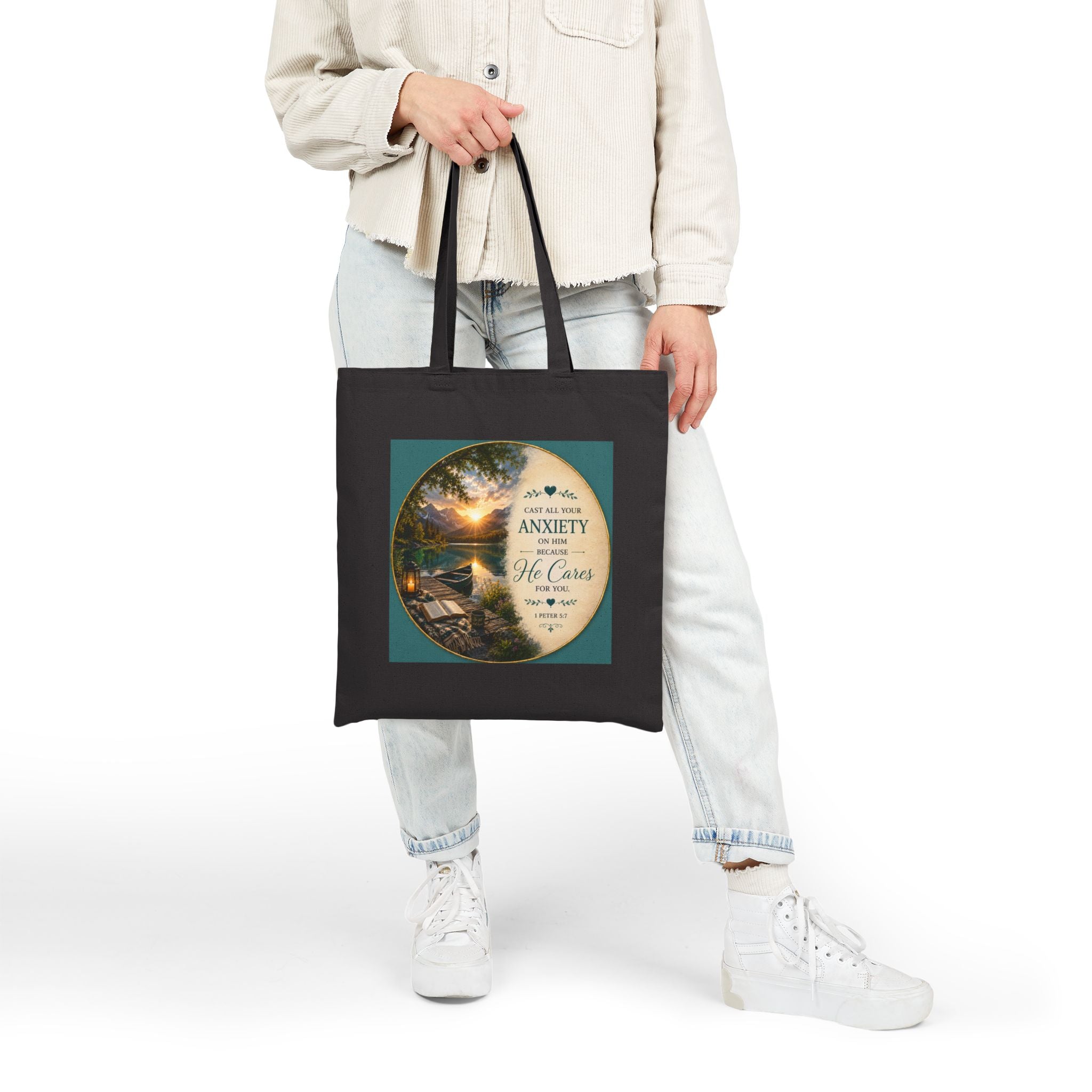 Cast All Your Anxiety Tote Bag | 1 Peter 5:7 Christian Canvas Tote | Inspirational Scripture Bag