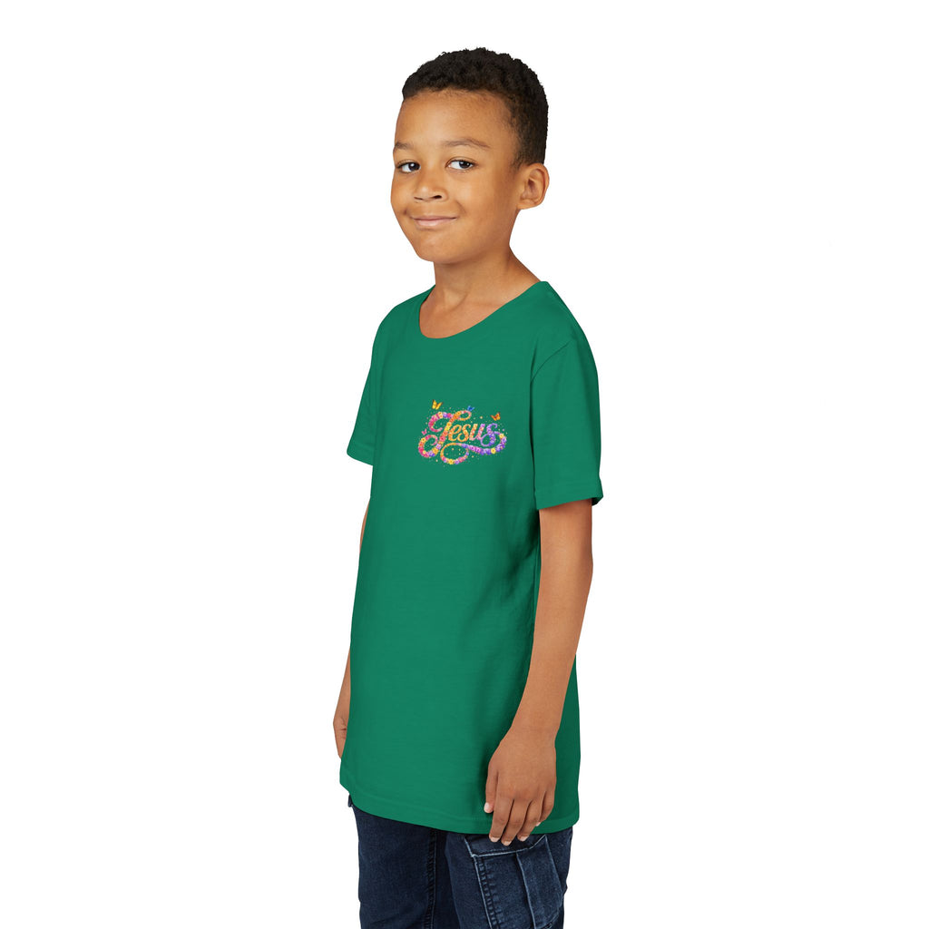 Youth Jesus Floral Script T-Shirt – Butterfly Christian Kids Tee | Faith Youth Shirt