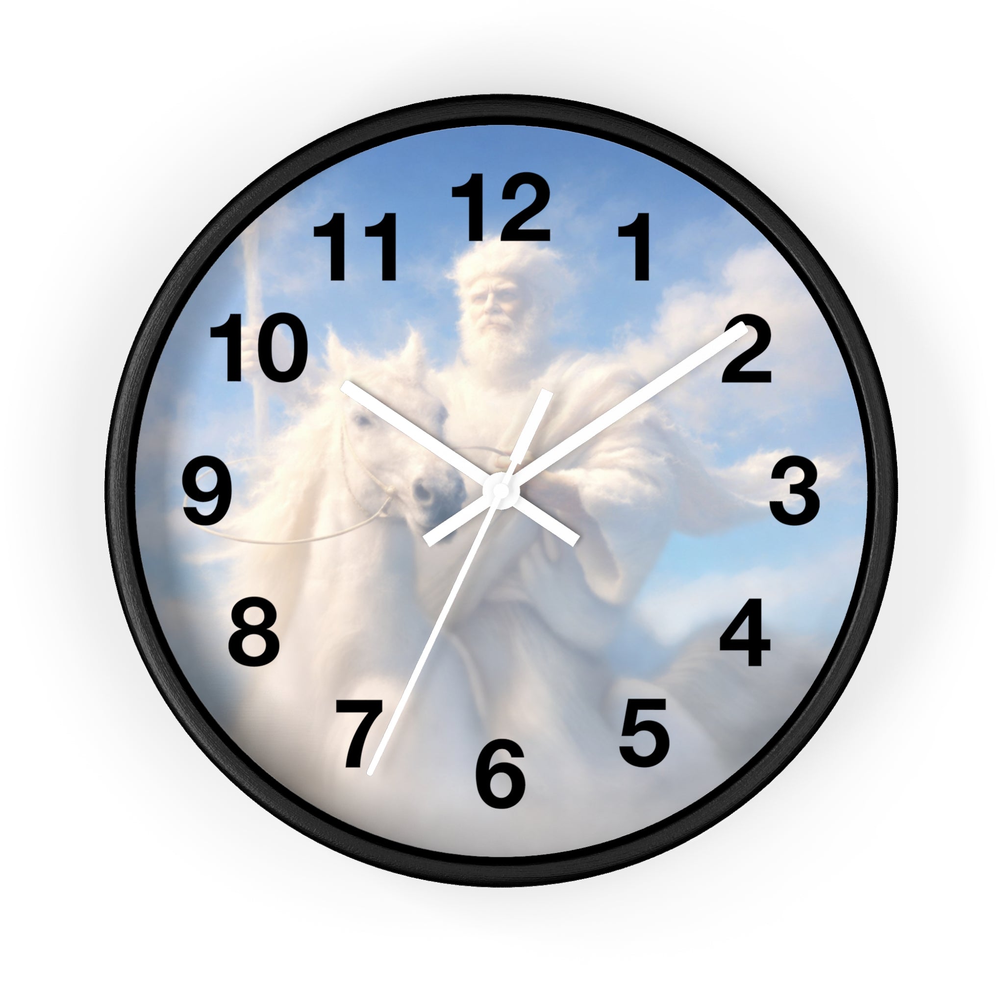 Inspirational Christian wall clock featuring Jesus riding through glowing clouds with classical devotional sky artwork and warm heavenly tones.