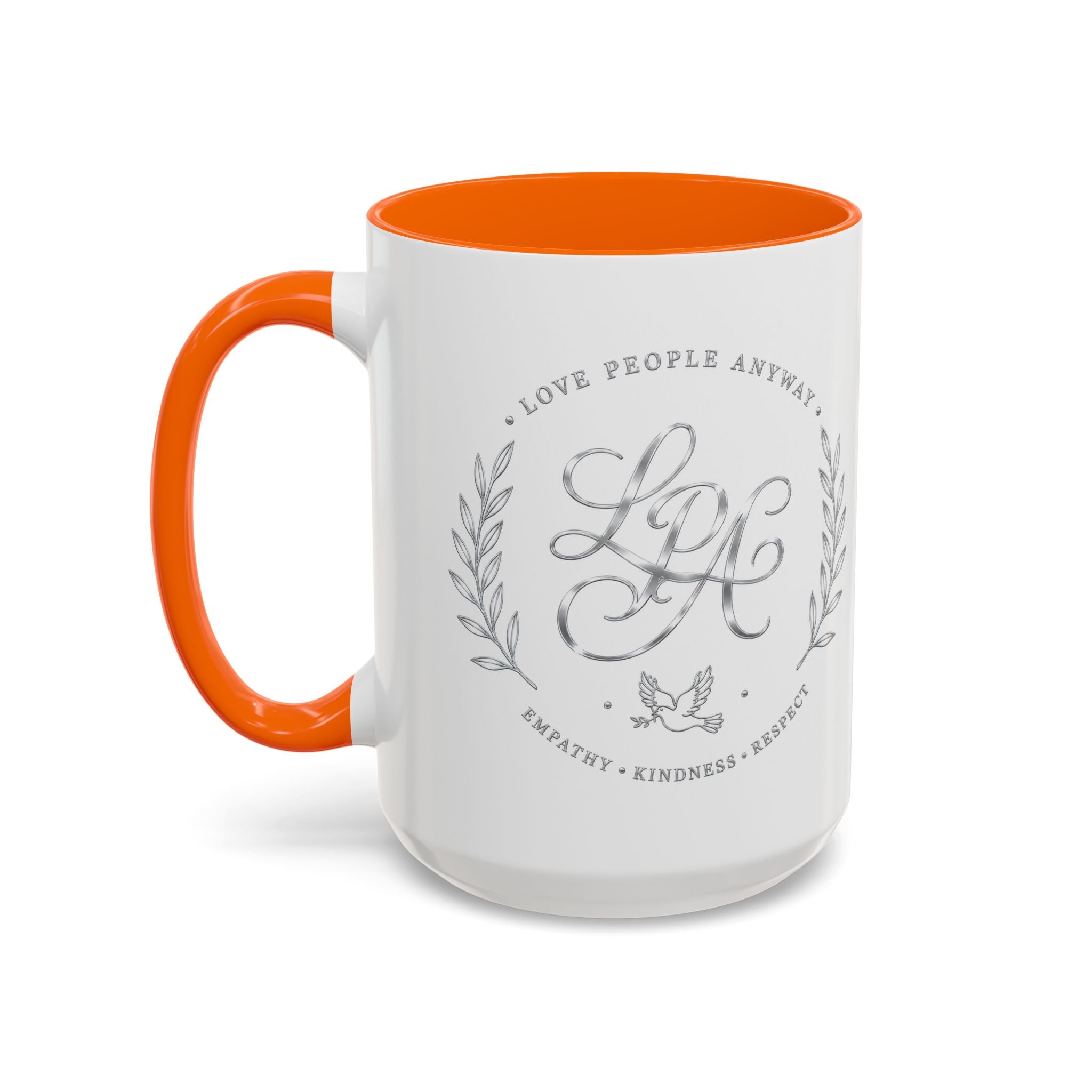 Love People Anyway Silver Accent Coffee Mug | Inspirational Monogram Mug | Faith Freedom Creations