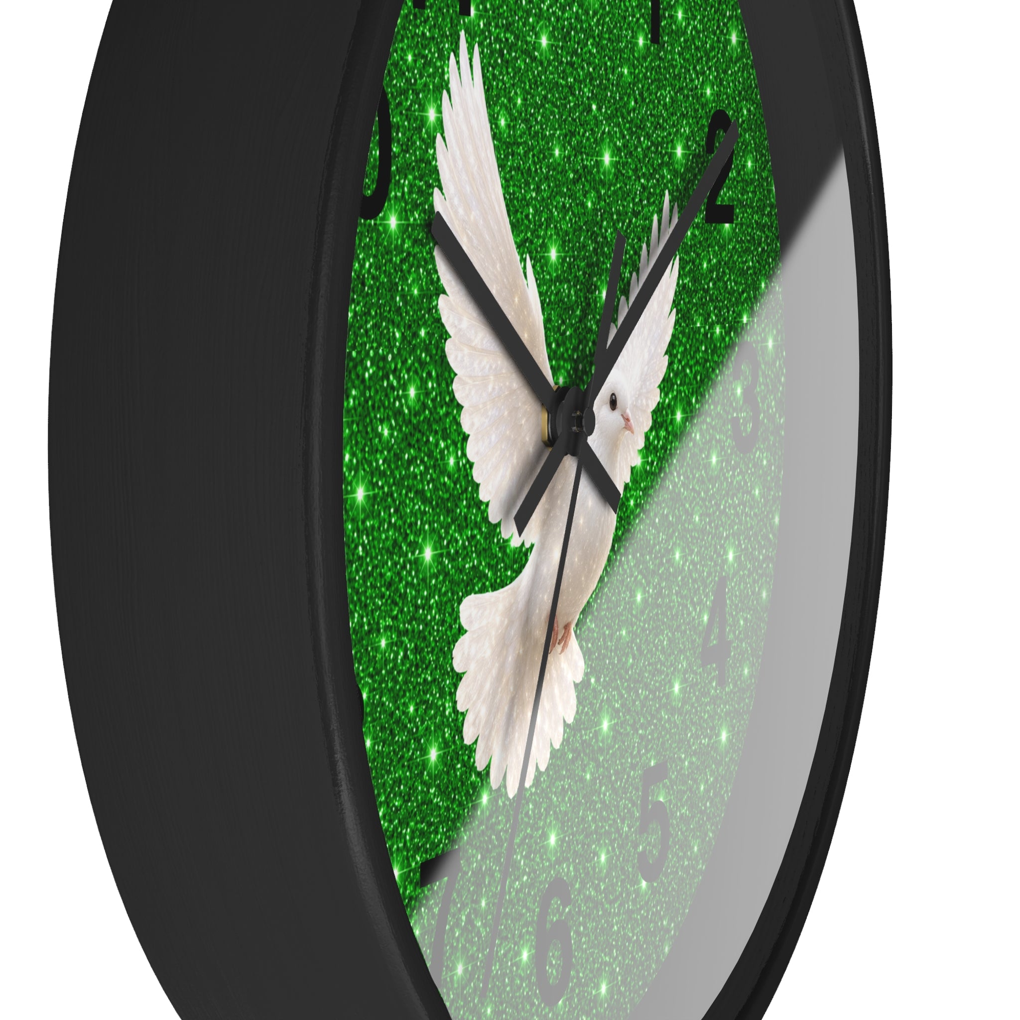 Peace Dove Wall Clock | Green Sparkle Christian Wall Decor | Silent White Dove Clock