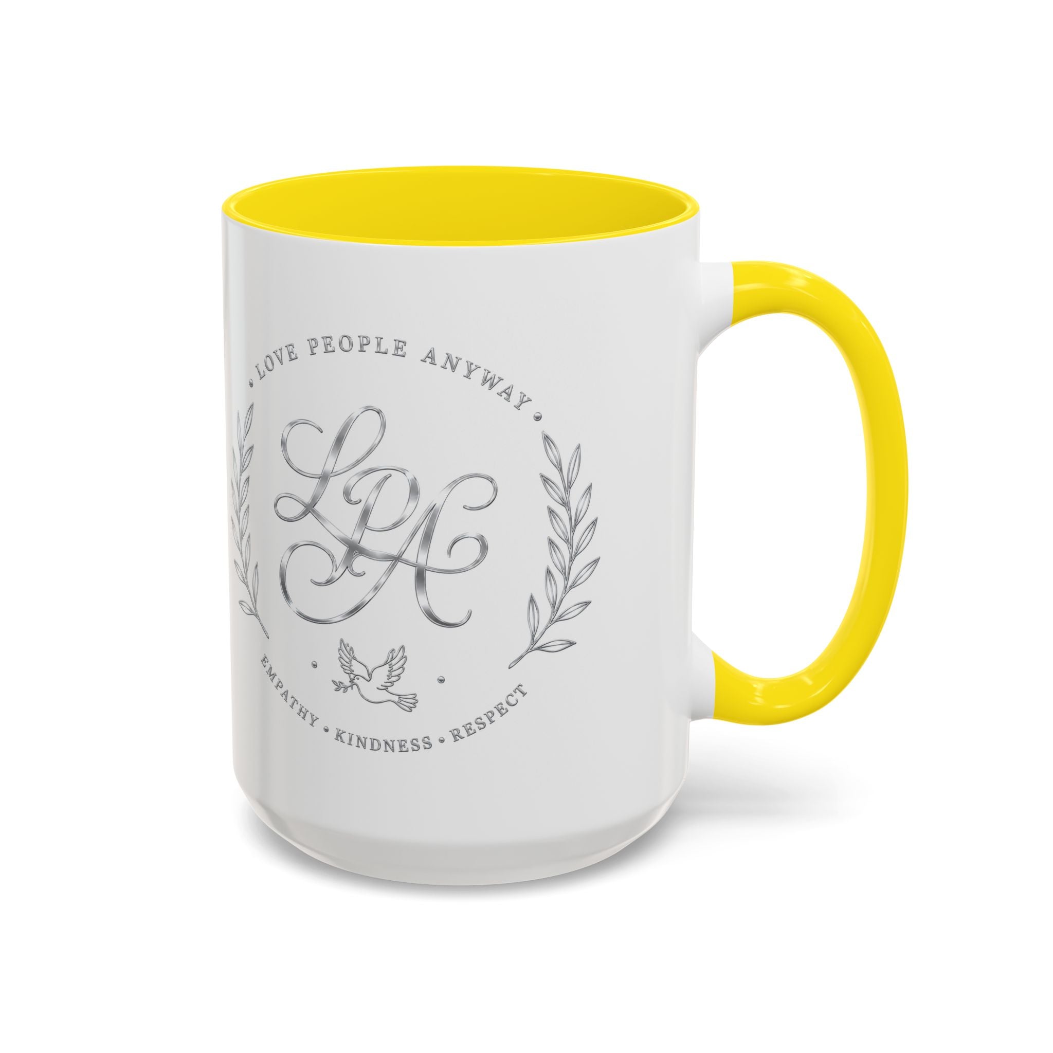 Love People Anyway Silver Accent Coffee Mug | Inspirational Monogram Mug | Faith Freedom Creations