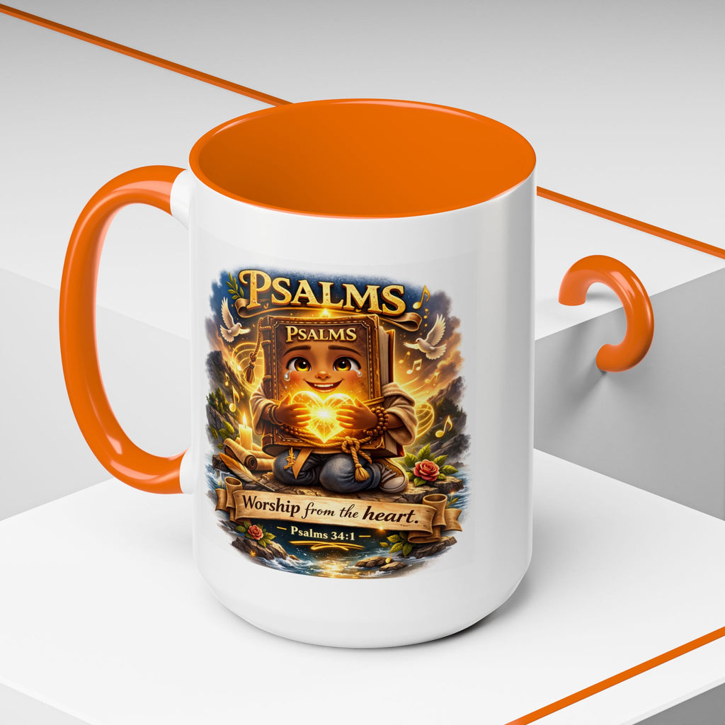 Inspirational Christian ceramic accent coffee mug featuring Psalm 34:1 and the message “Worship From the Heart” with colorful handle and interior accents on a glossy white mug.