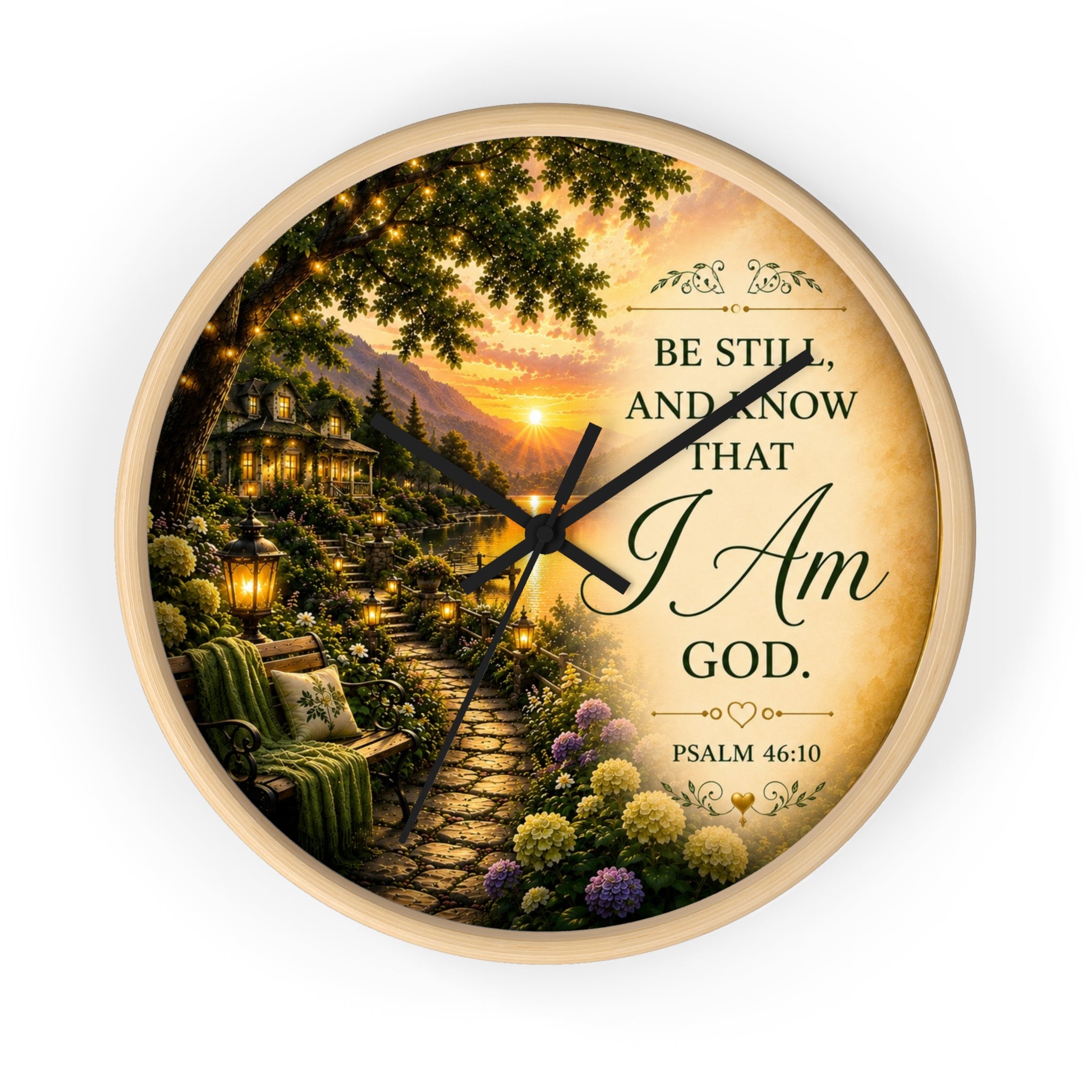 Inspirational Christian wall clock featuring a peaceful sunset garden scene with Psalm 46:10 scripture “Be Still and Know That I Am God” in warm glowing tones.