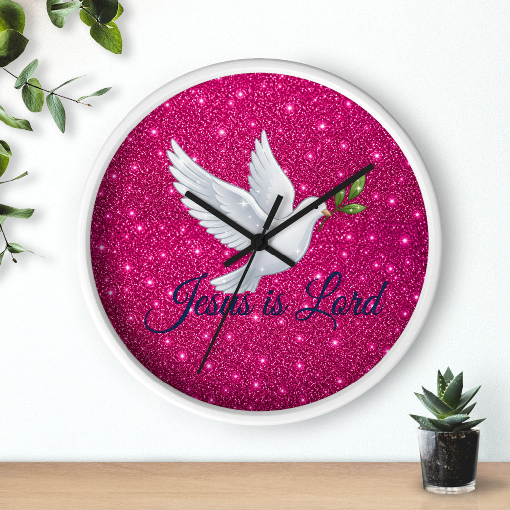 Jesus Is Lord Wall Clock | Pink Glitter Dove Christian Wall Decor | Silent Faith Clock