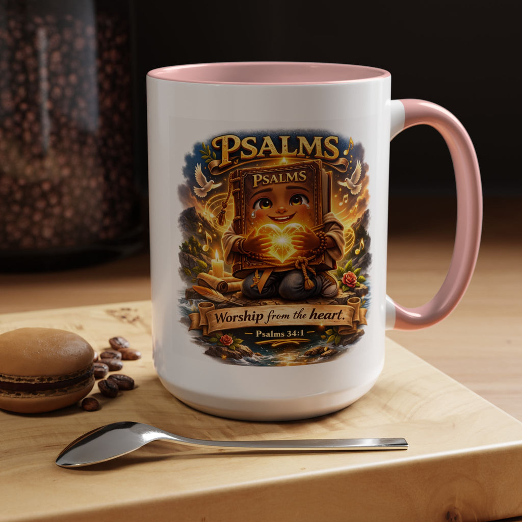 Inspirational Christian ceramic accent coffee mug featuring Psalm 34:1 and the message “Worship From the Heart” with colorful handle and interior accents on a glossy white mug.