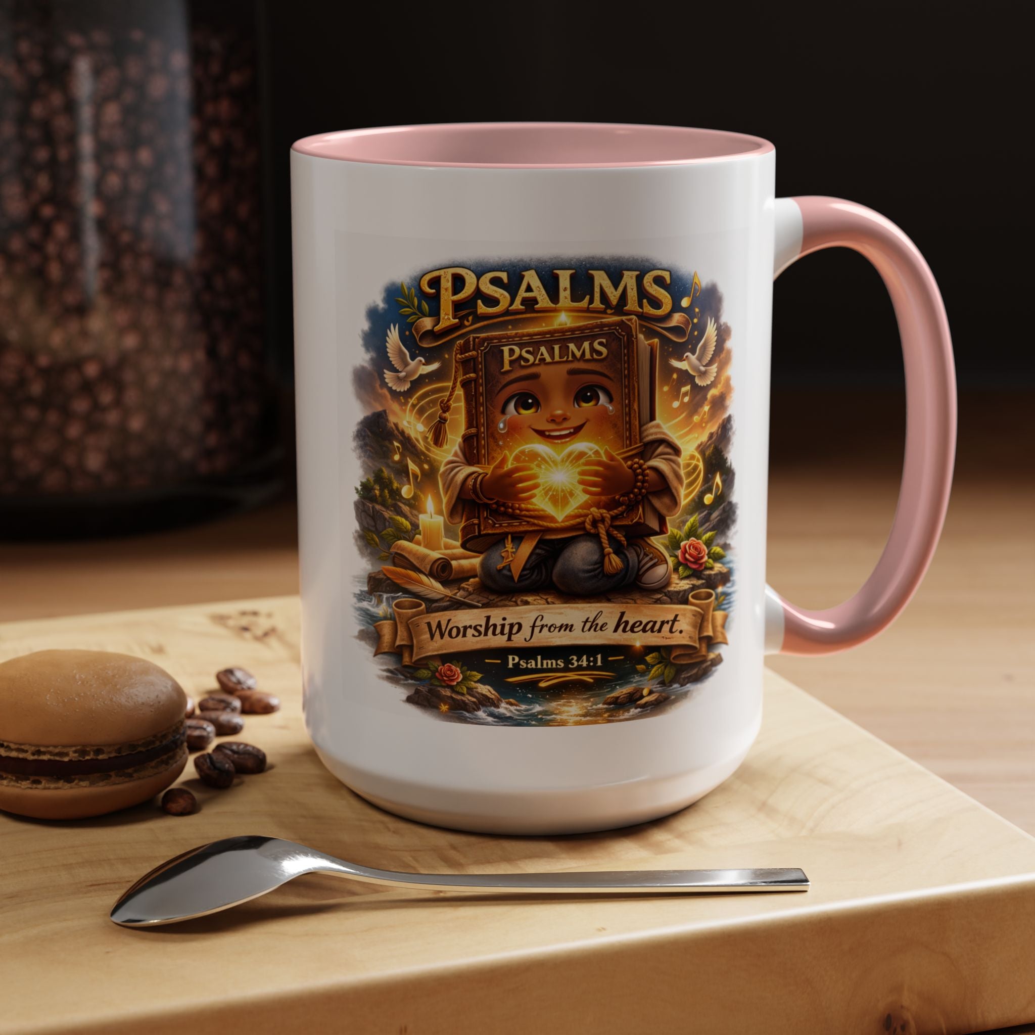 Inspirational Christian ceramic accent coffee mug featuring Psalm 34:1 and the message “Worship From the Heart” with colorful handle and interior accents on a glossy white mug.