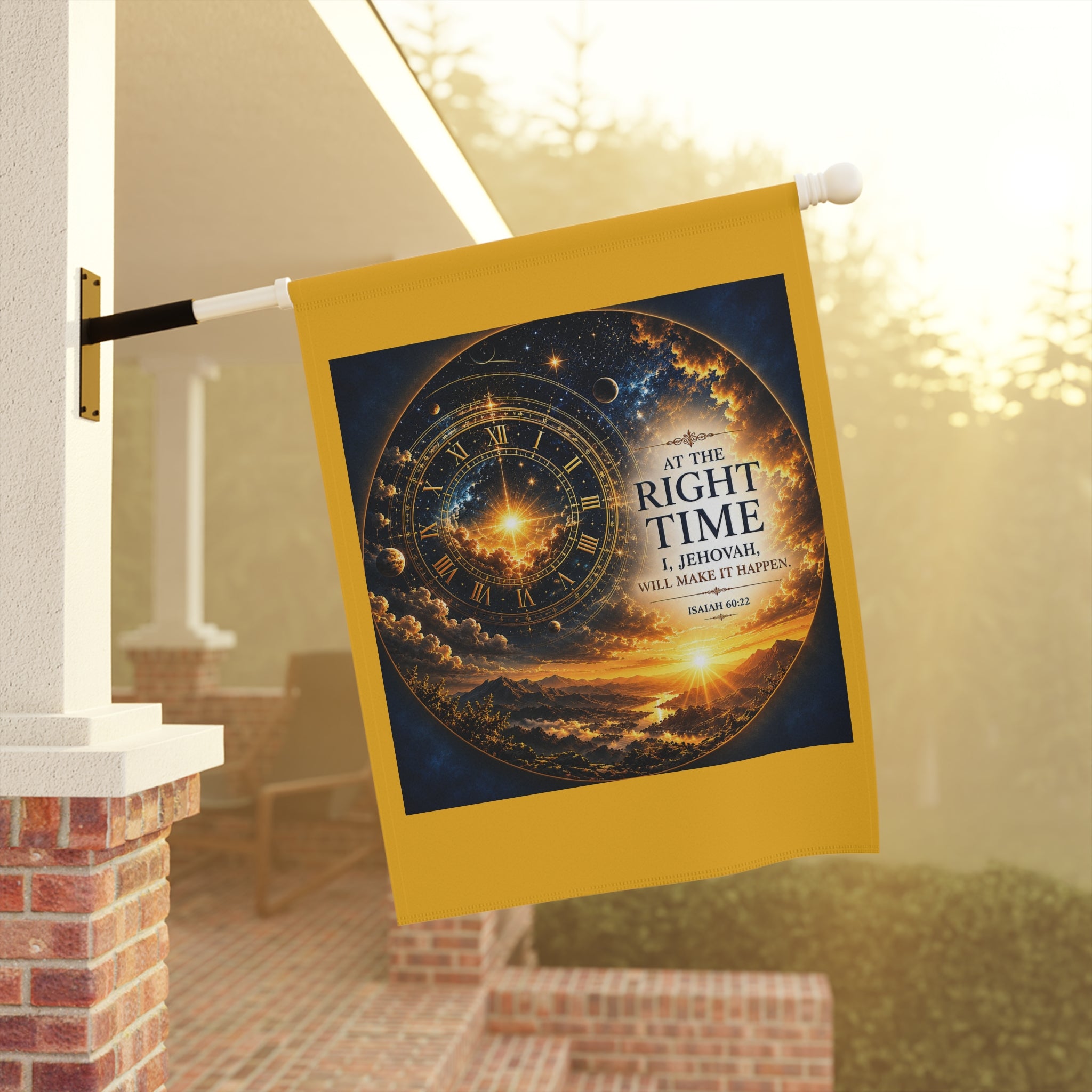 At the Right Time Garden Flag | Inspirational Bible Verse Banner | Celestial Sunrise Outdoor Decor