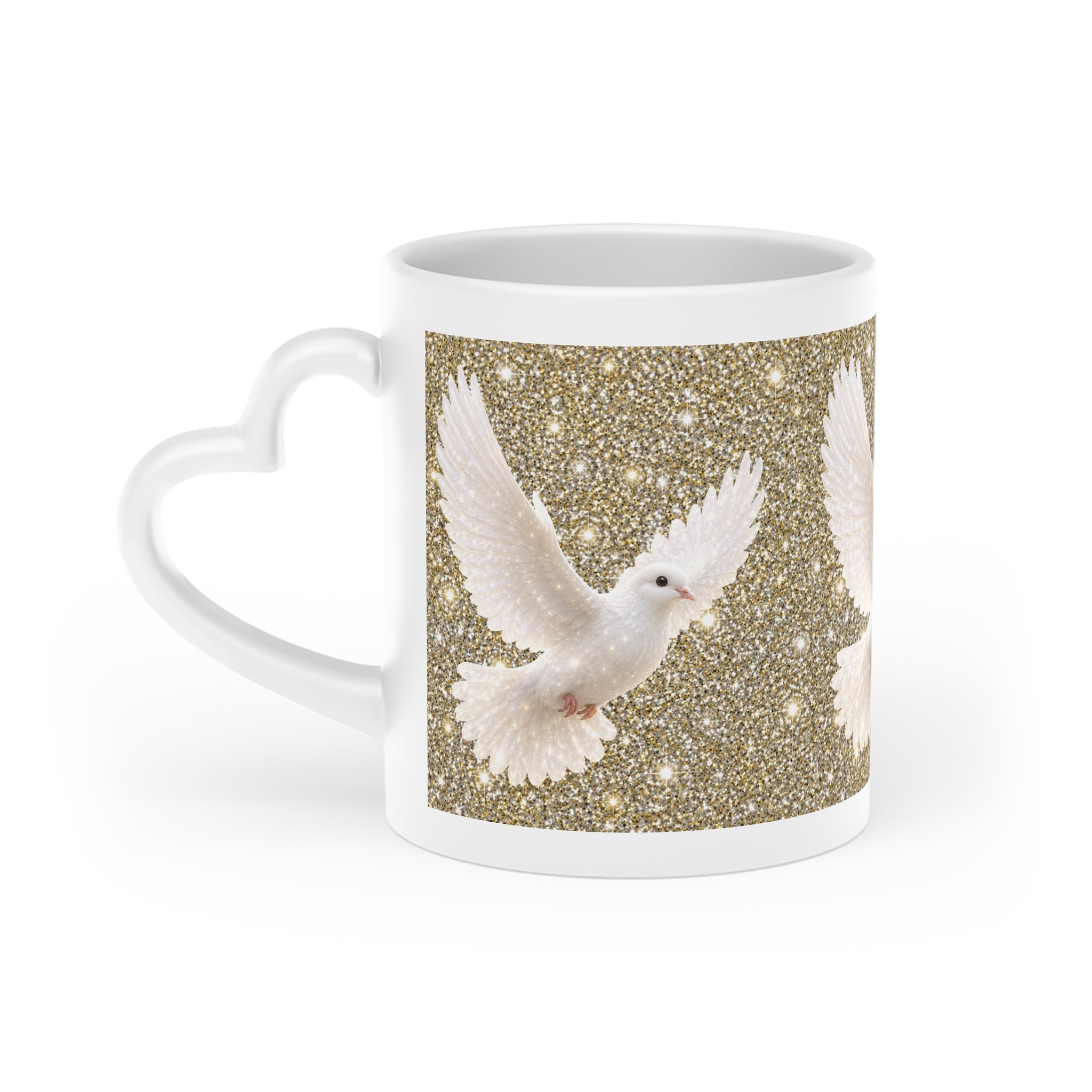 White ceramic heart-shaped handle mug featuring elegant white doves flying across a sparkling gold background with vibrant wraparound artwork.