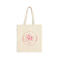 Pink monogram cotton canvas tote bag featuring the message “Love People Anyway,” laurel branches, a dove carrying an olive branch, and the words empathy, kindness, and respect in an elegant boutique design.