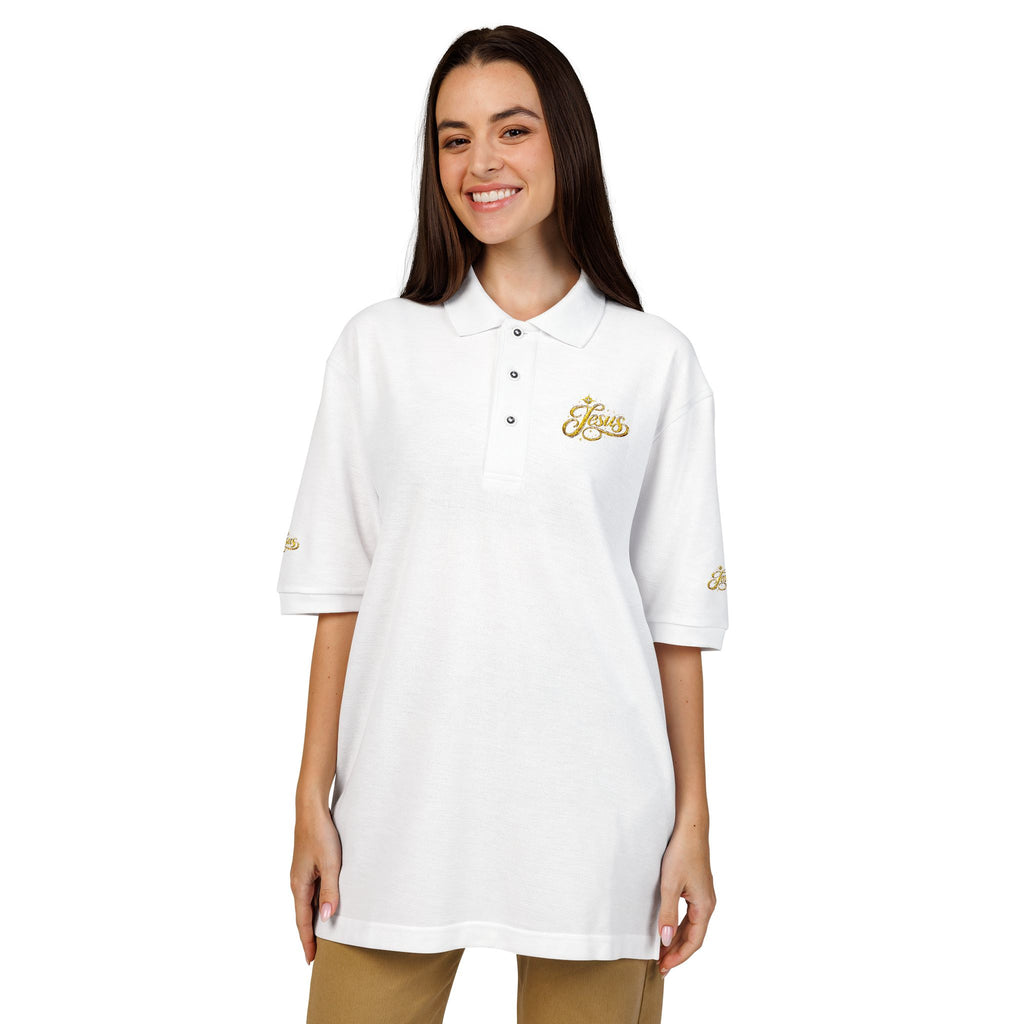 Jesus Gold Fleur Embroidered Polo – Christian Faith Collared Shirt | Elegant Unisex Church Polo