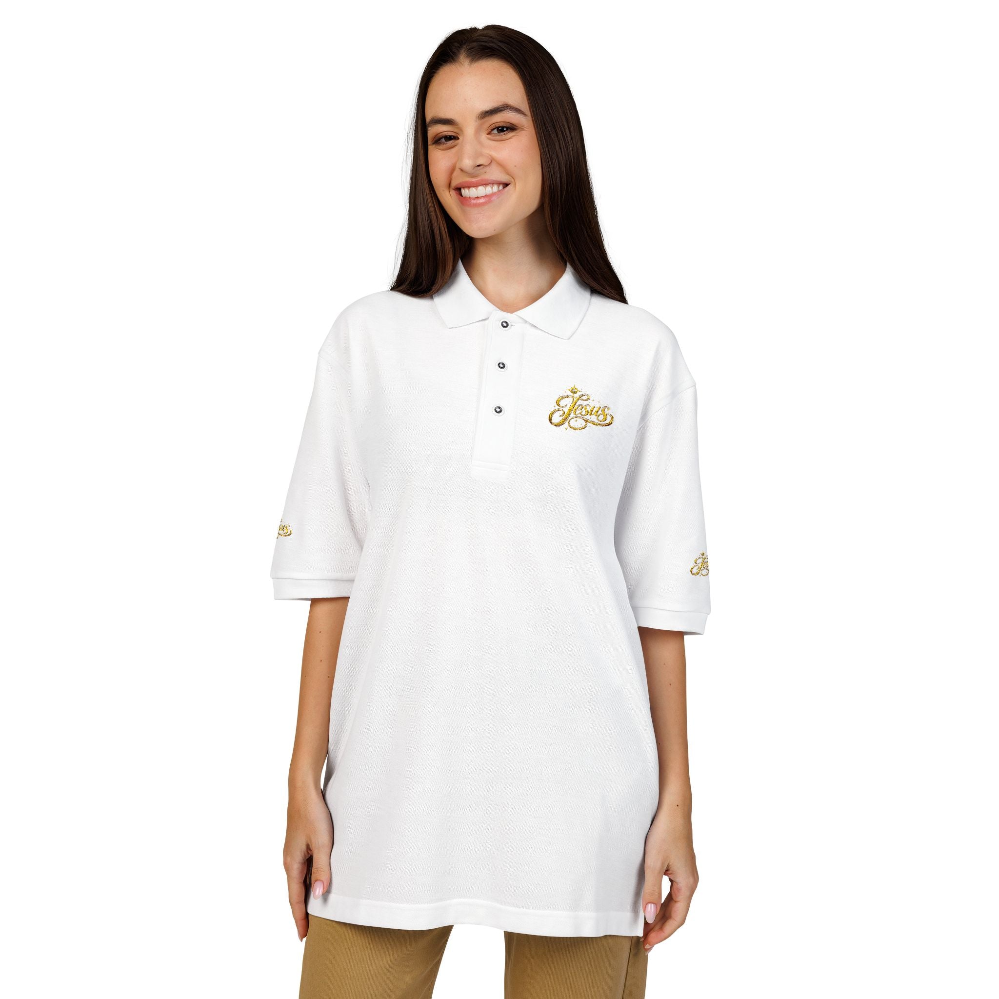 Jesus Gold Fleur Embroidered Polo – Christian Faith Collared Shirt | Elegant Unisex Church Polo